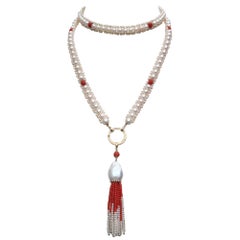 Woven White Pearl and Coral Necklace with Large Baroque Pearl, Gold and Diamonds