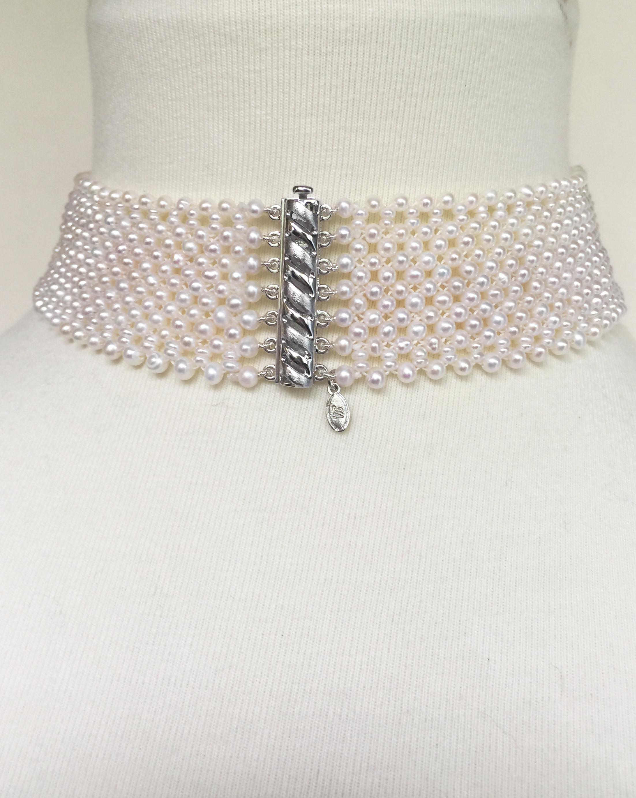 Bead Marina J Woven Wide Pearl Choker with Rhodium plated Silver sliding clasp