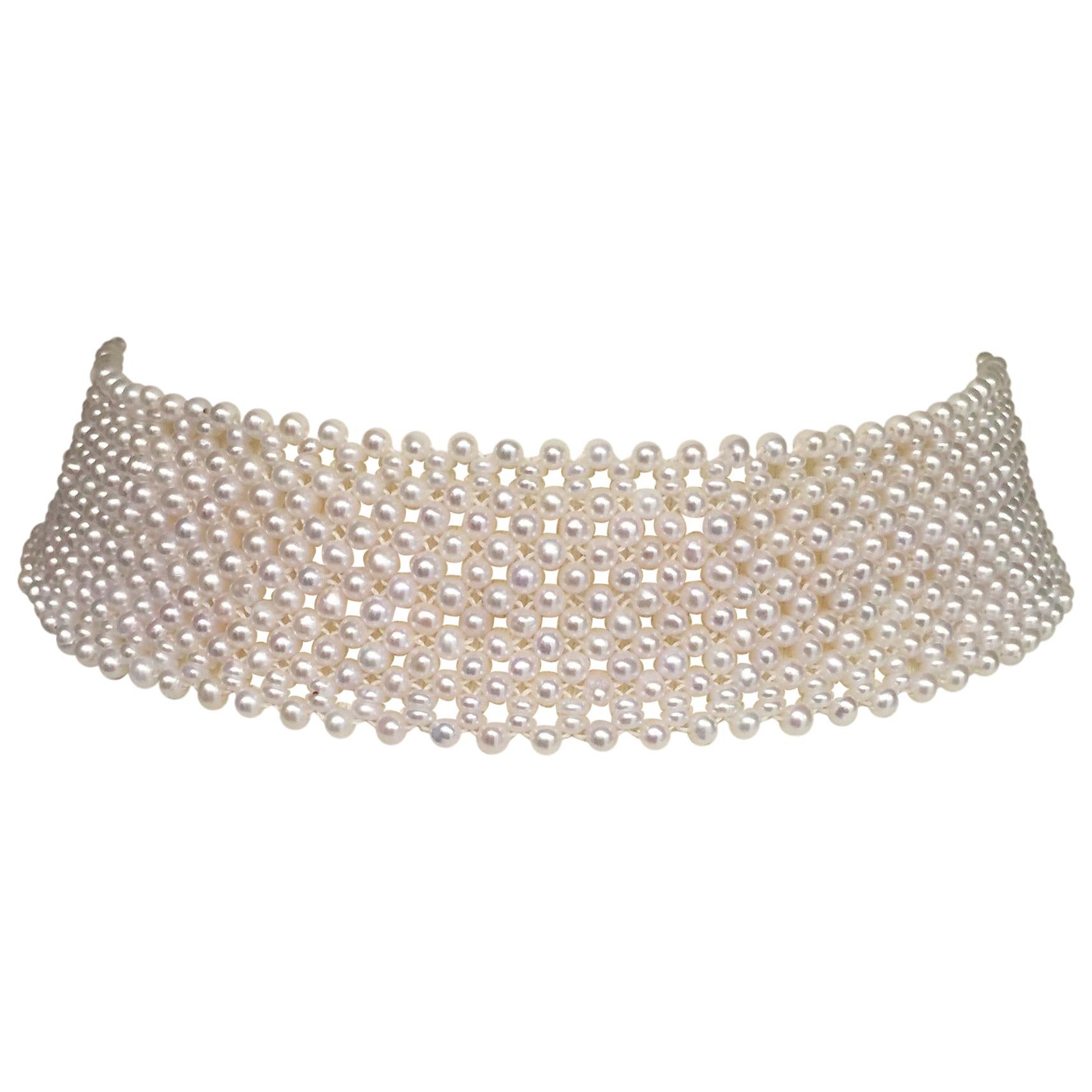 Marina J Woven Wide Pearl Choker with Rhodium plated Silver sliding clasp