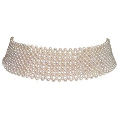 Marina J Woven Wide Pearl Choker with Rhodium plated Silver sliding clasp