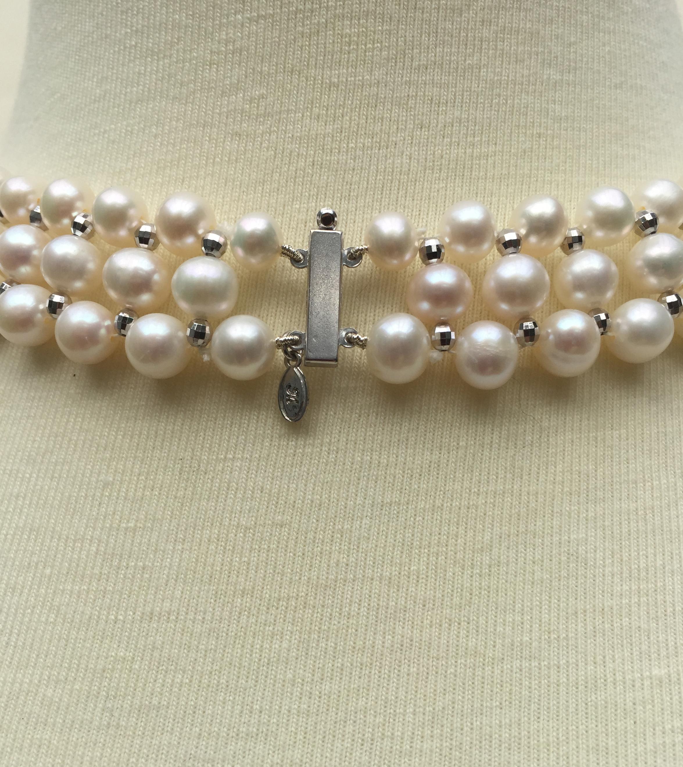 Artist Woven White Pearl Necklace with 14 Karat Gold Faceted Beads and Sliding Clasp