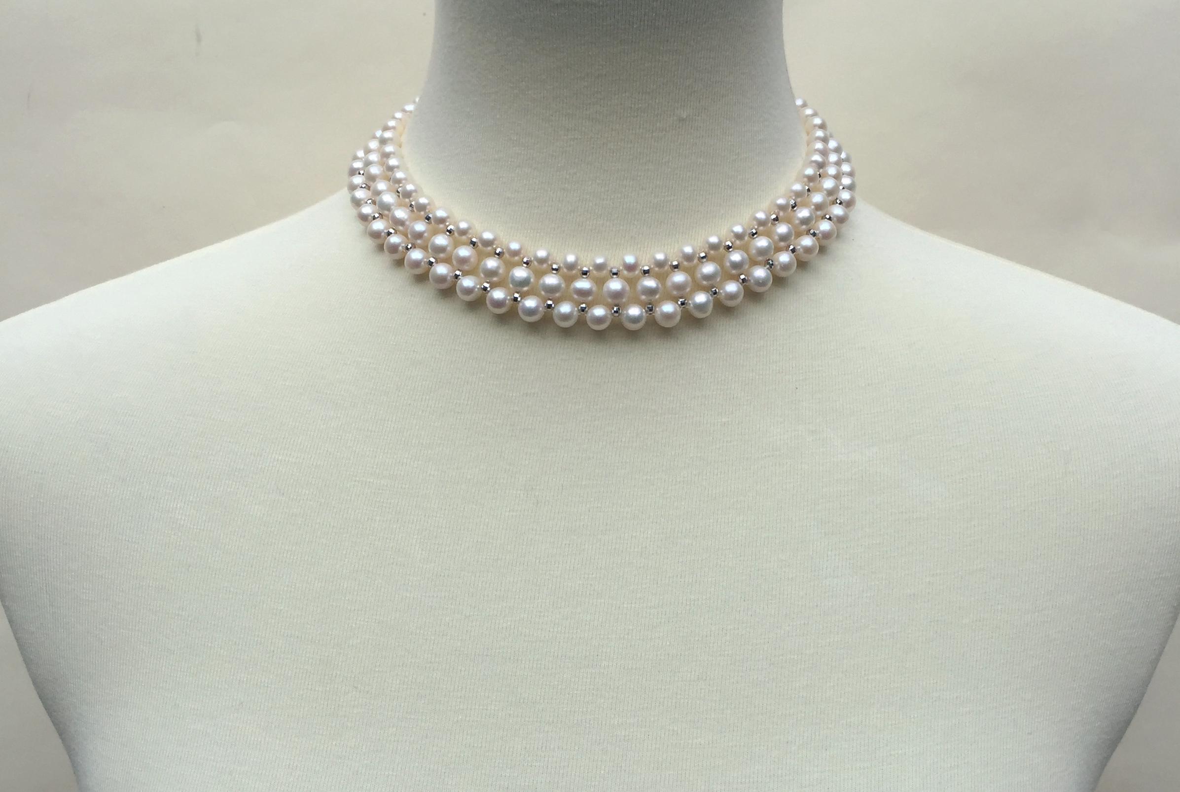 Women's Woven White Pearl Necklace with 14 Karat Gold Faceted Beads and Sliding Clasp