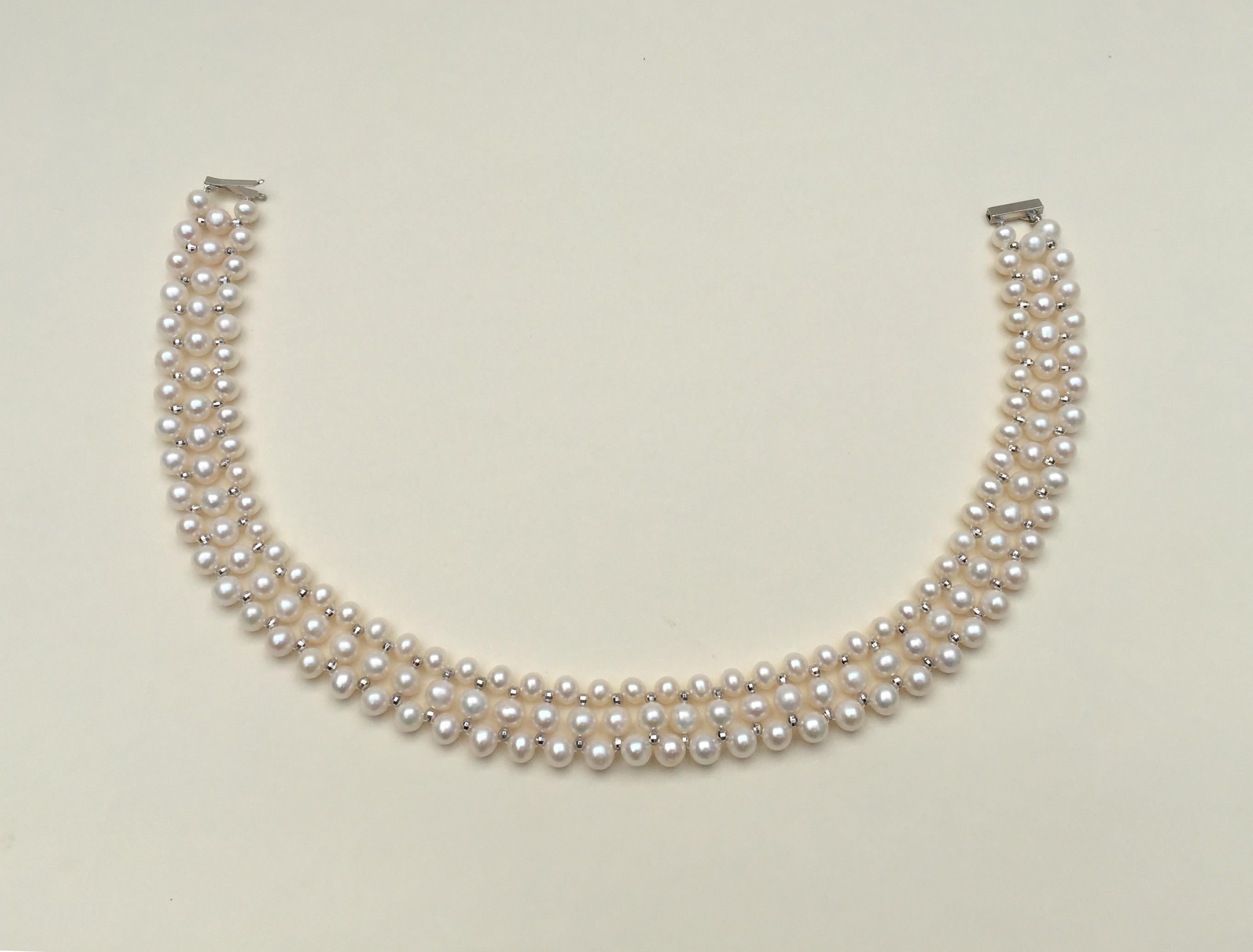 Woven White Pearl Necklace with 14 Karat Gold Faceted Beads and Sliding Clasp 2