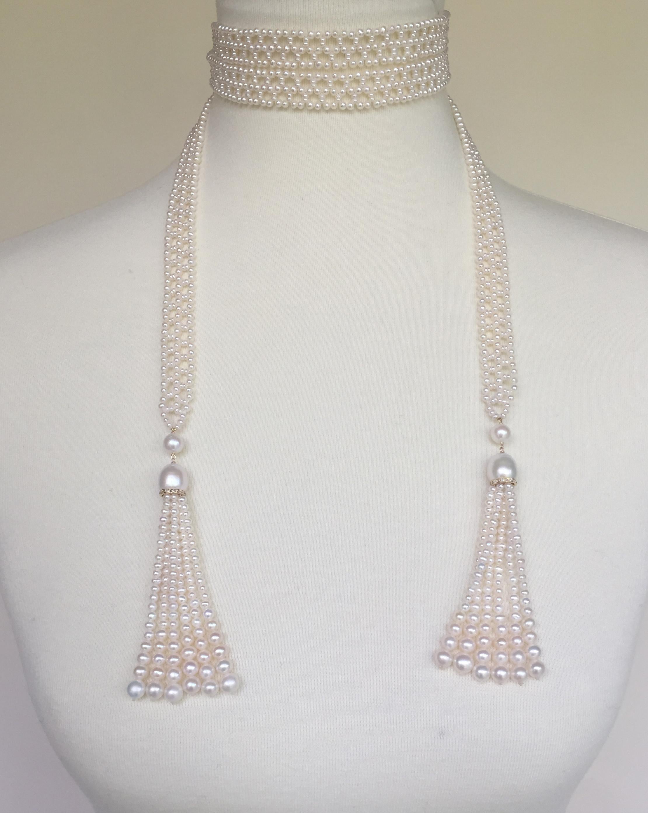 Artist Marina J Woven Pearl Sautoir Necklace with Diamonds and 14 K God Tassels