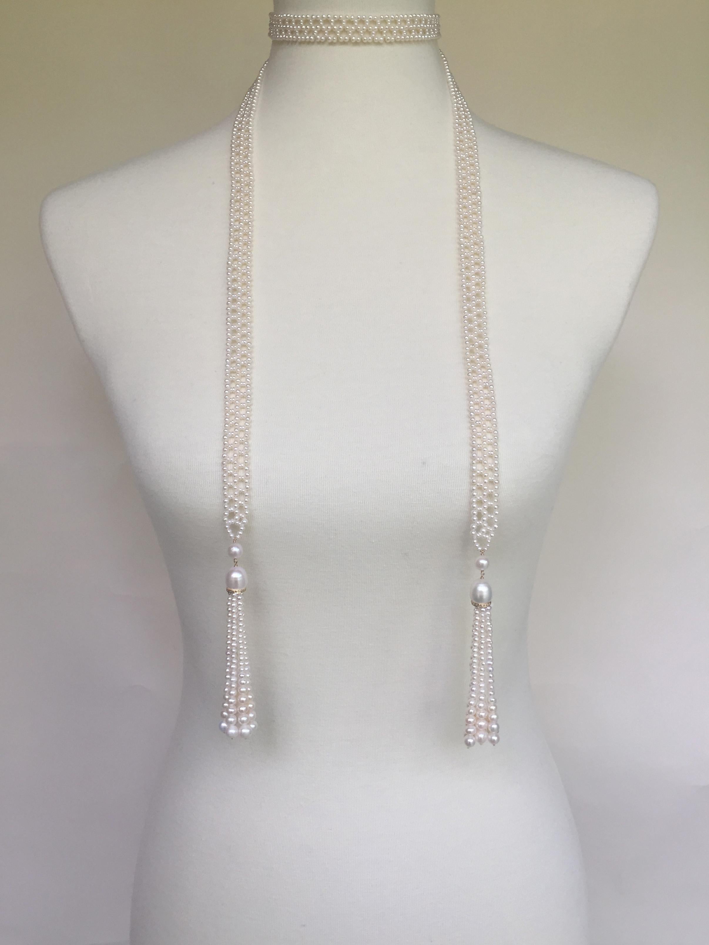 Marina J Woven Pearl Sautoir Necklace with Diamonds and 14 K God Tassels In New Condition In Los Angeles, CA
