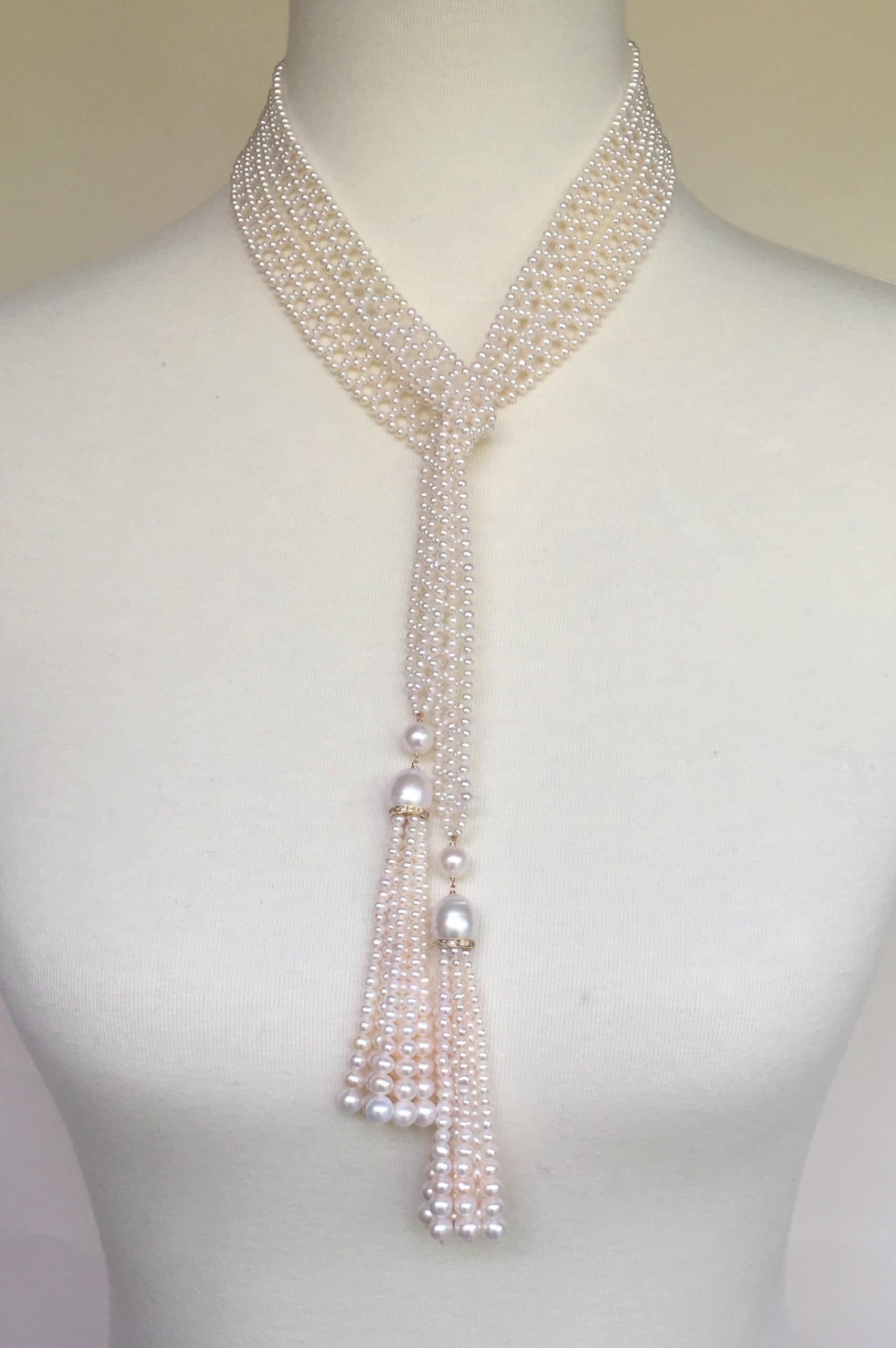 Women's Marina J Woven Pearl Sautoir Necklace with Diamonds and 14 K God Tassels