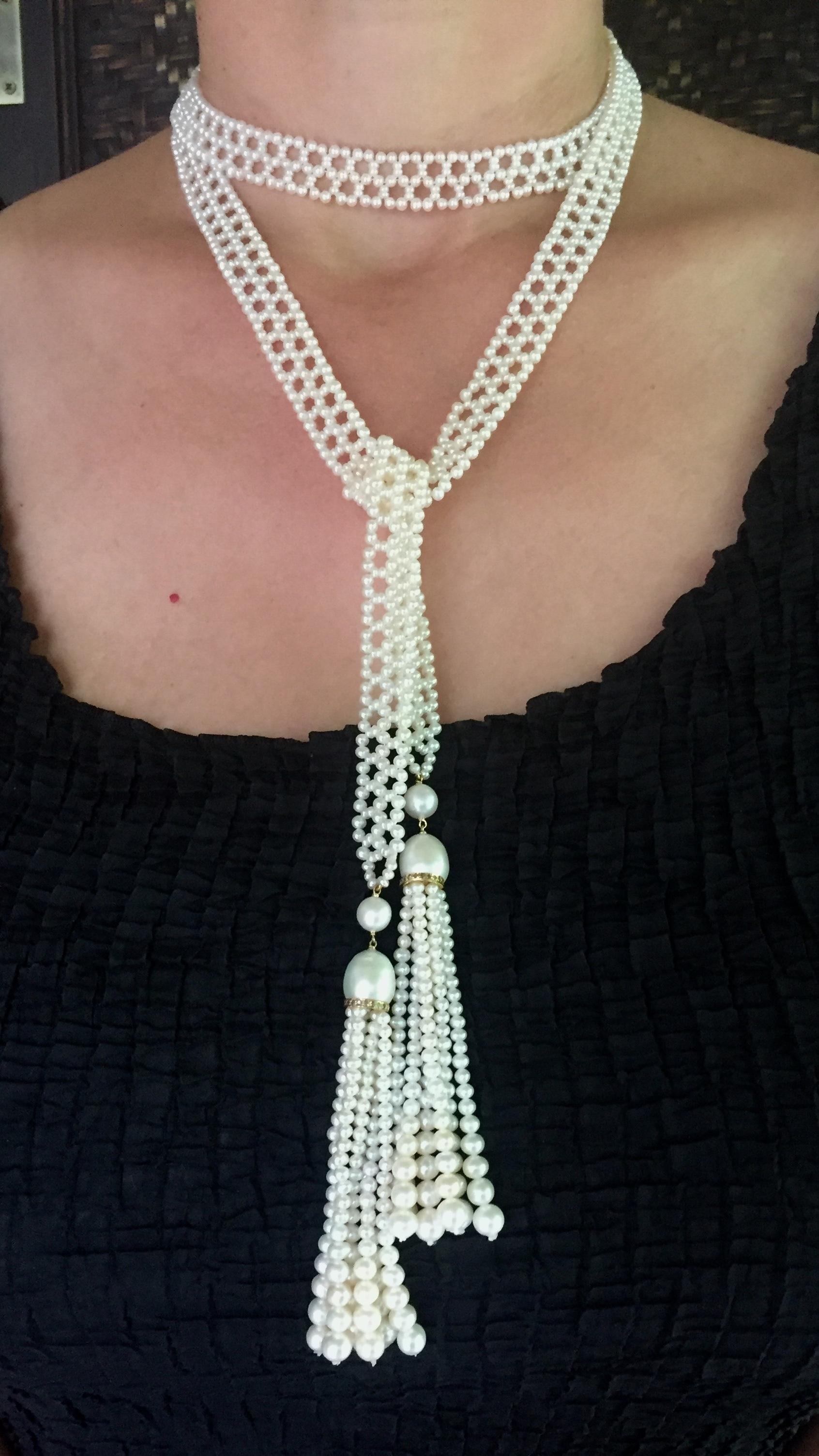 Marina J Woven Pearl Sautoir Necklace with Diamonds and 14 K God Tassels 4
