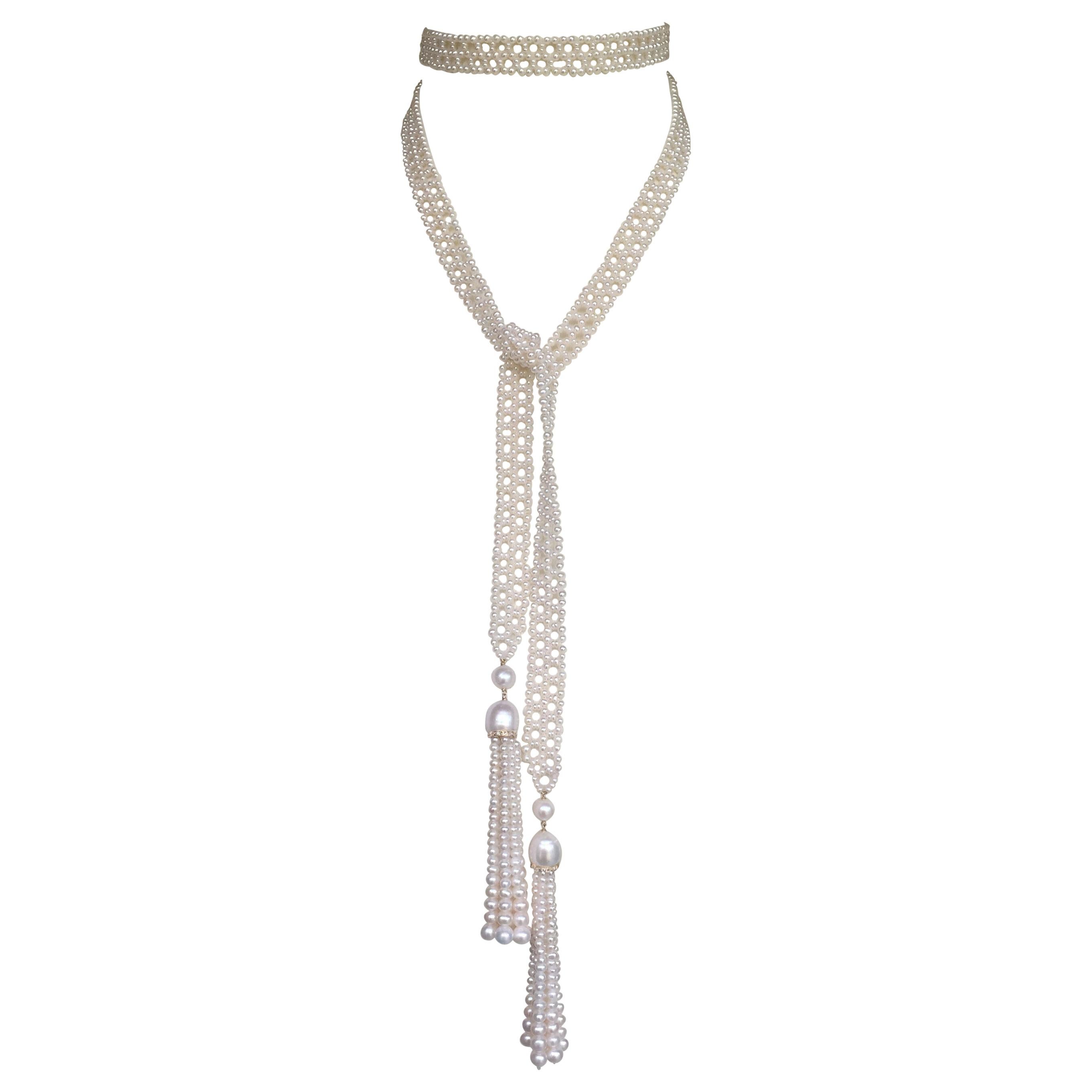 Marina J Woven Pearl Sautoir Necklace with Diamonds and 14 K God Tassels