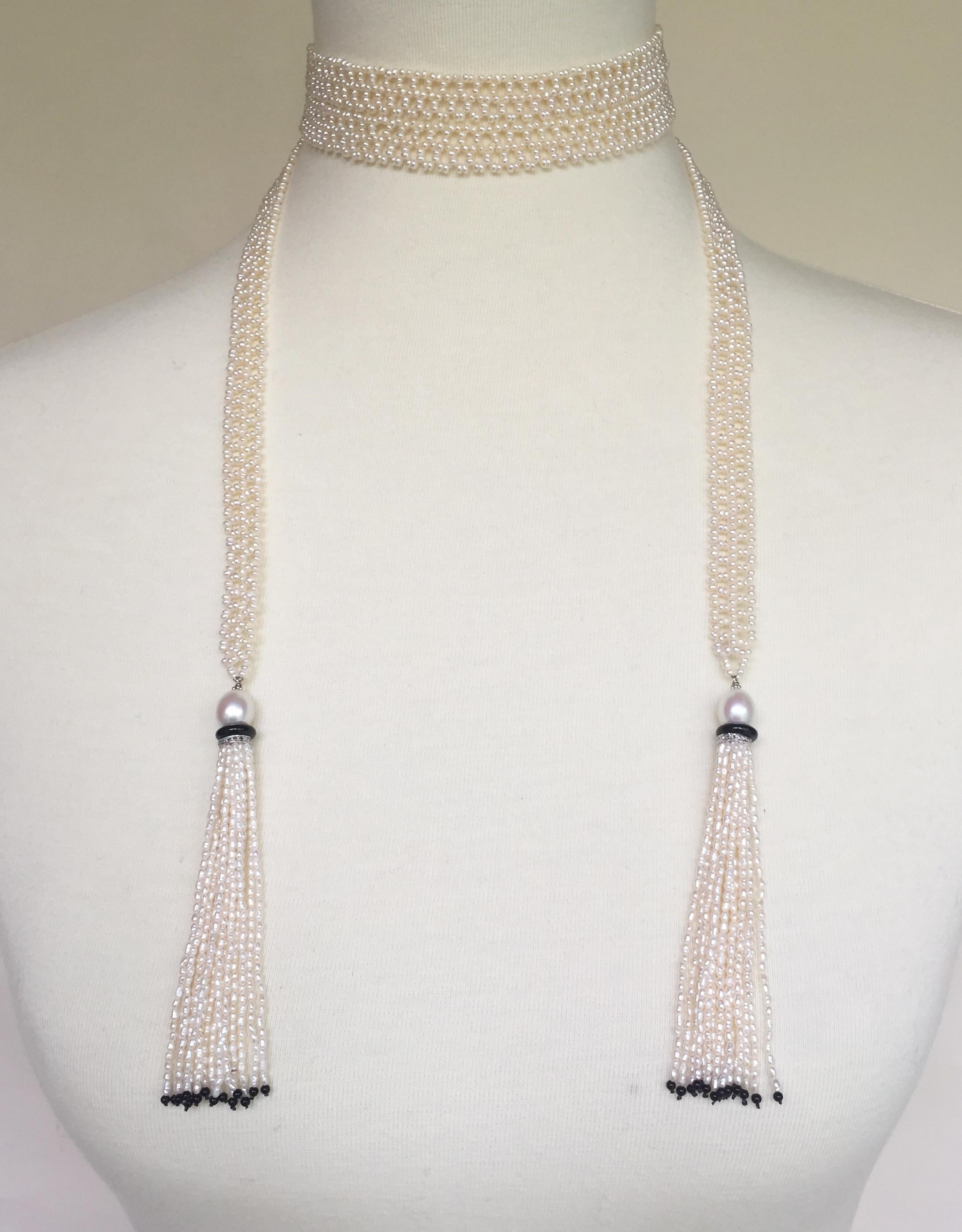 Marina J. Woven Seed Pearl Sautoir Necklace with Pearl, Onyx and Diamond Tassels 1