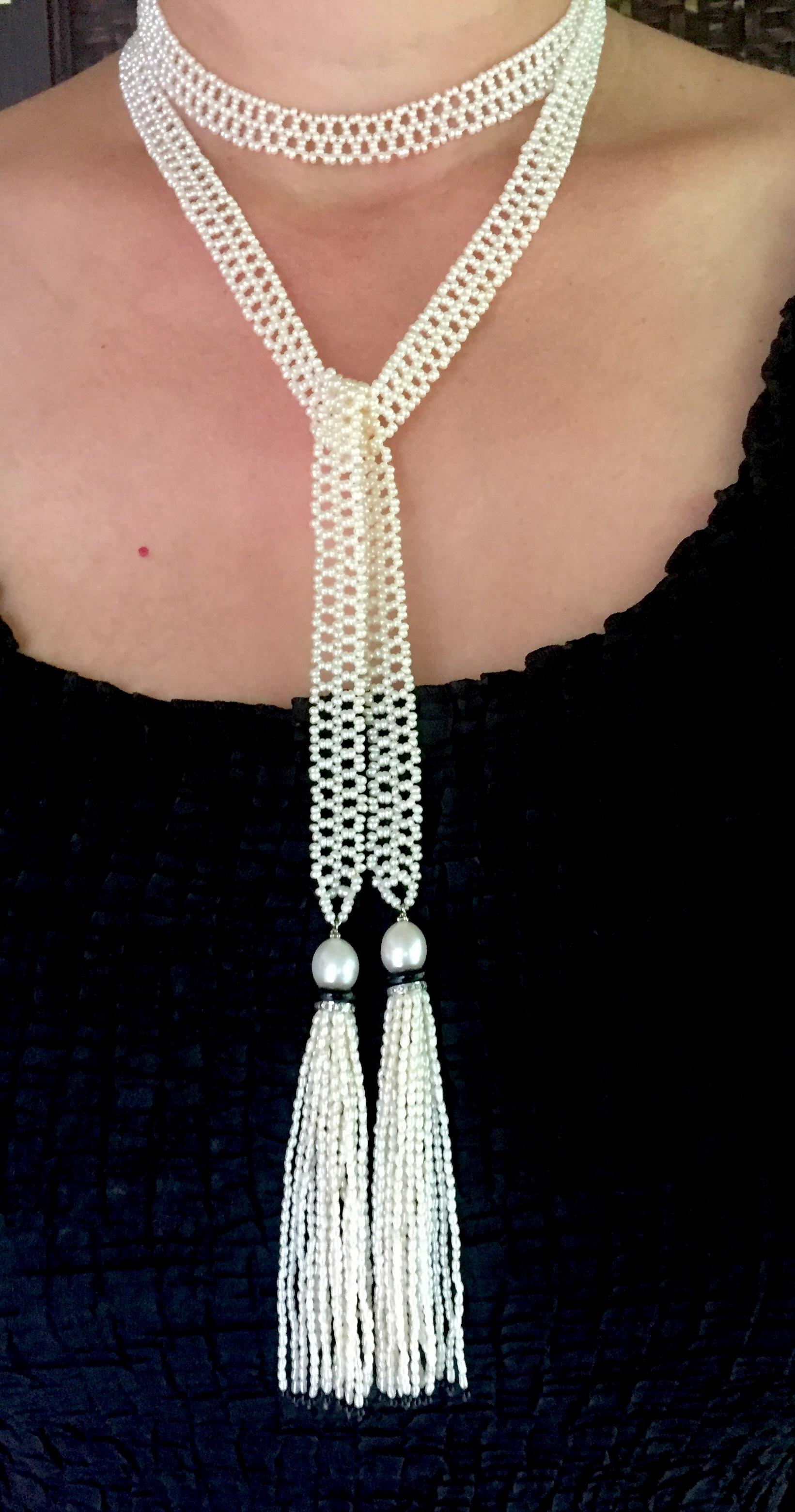 Marina J. Woven Seed Pearl Sautoir Necklace with Pearl, Onyx and Diamond Tassels 3
