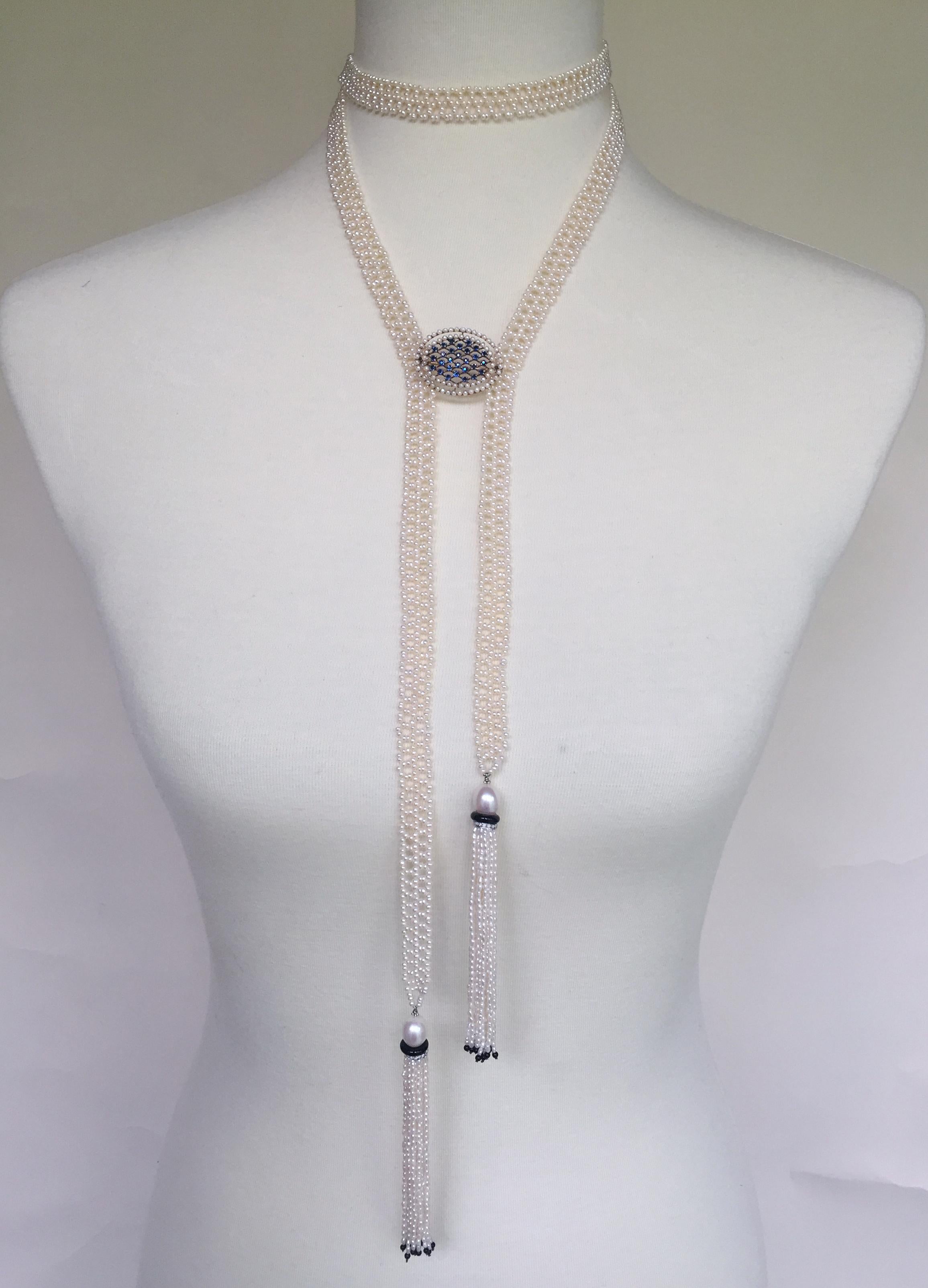 This woven white seed pearl sautoir necklace with pearl, black onyx, and diamond tassels is handwoven by Marina J. The woven intricate design is sophisticated with its ribbon-like design and glowing small white natural pearls, with a button shape.