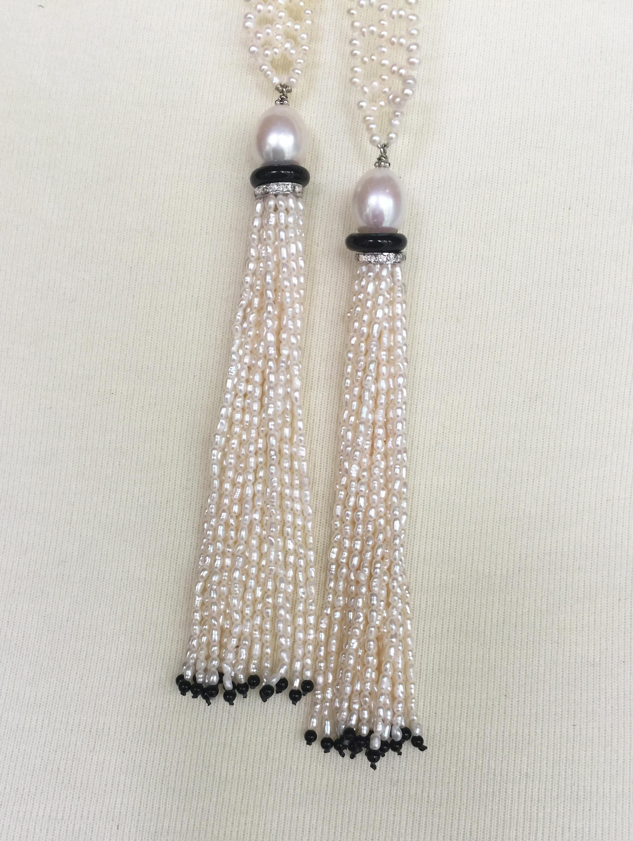 Artist Marina J. Woven Seed Pearl Sautoir Necklace with Pearl, Onyx and Diamond Tassels