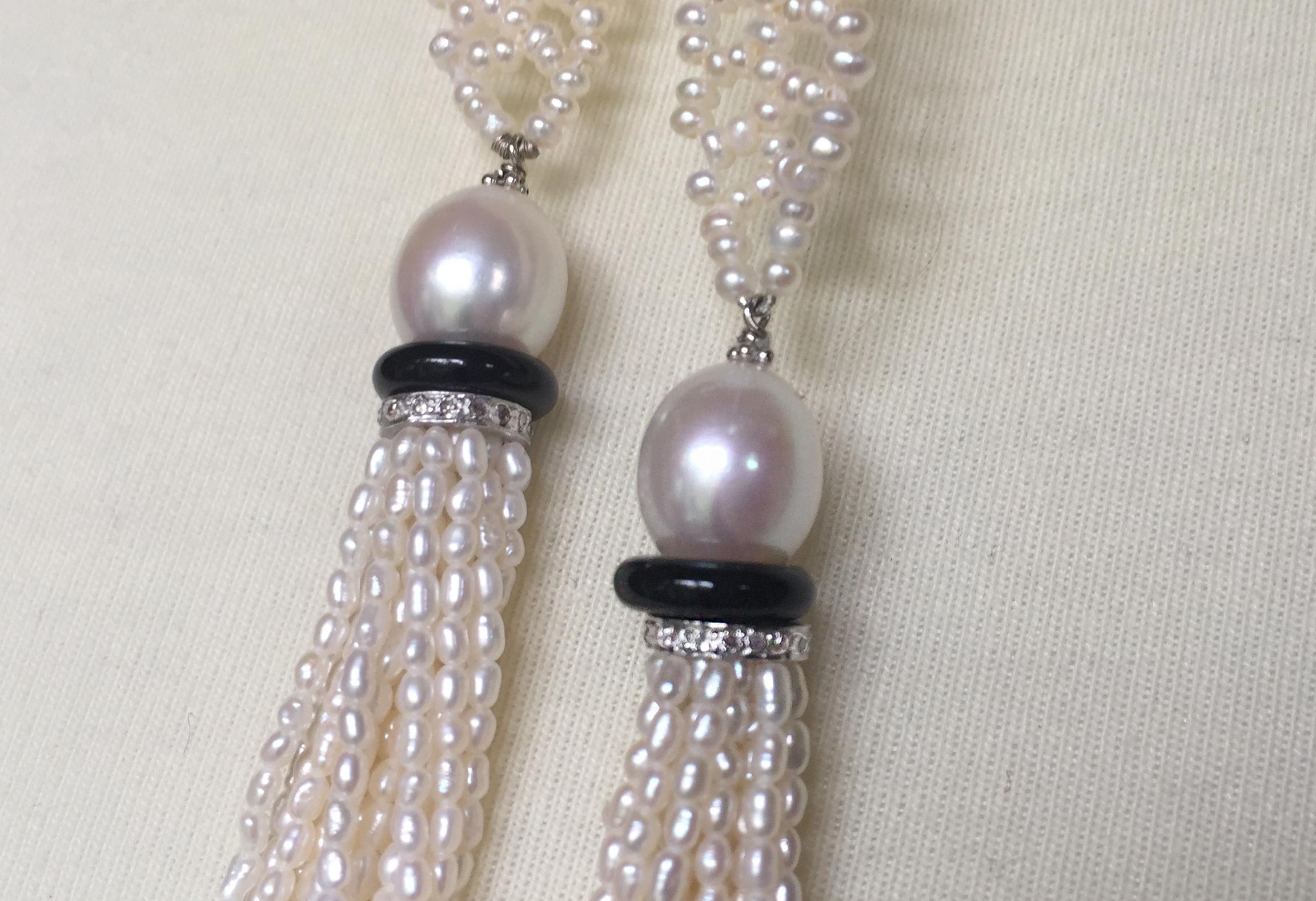 Bead Marina J. Woven Seed Pearl Sautoir Necklace with Pearl, Onyx and Diamond Tassels