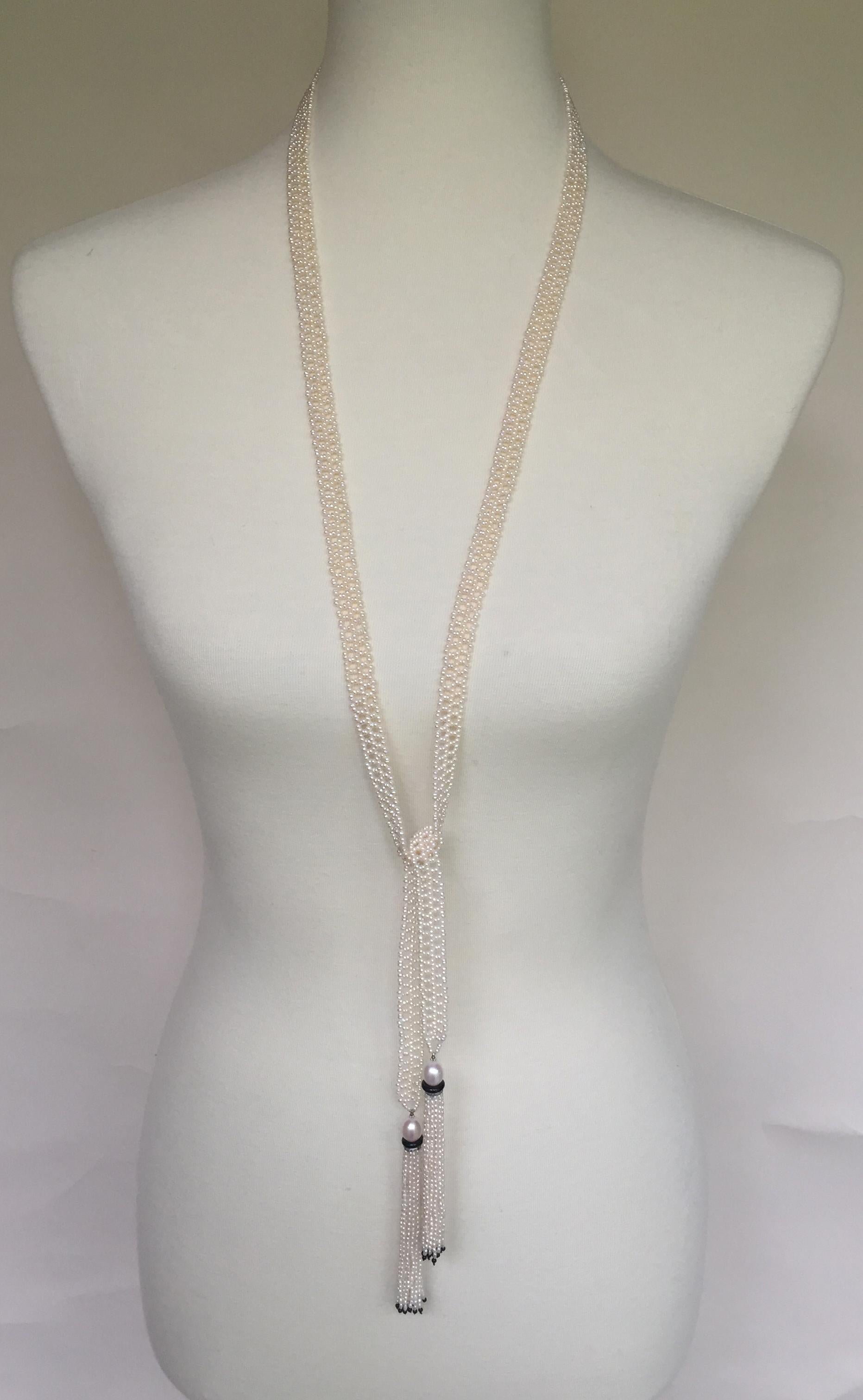 Marina J. Woven Seed Pearl Sautoir Necklace with Pearl, Onyx and Diamond Tassels In New Condition In Los Angeles, CA
