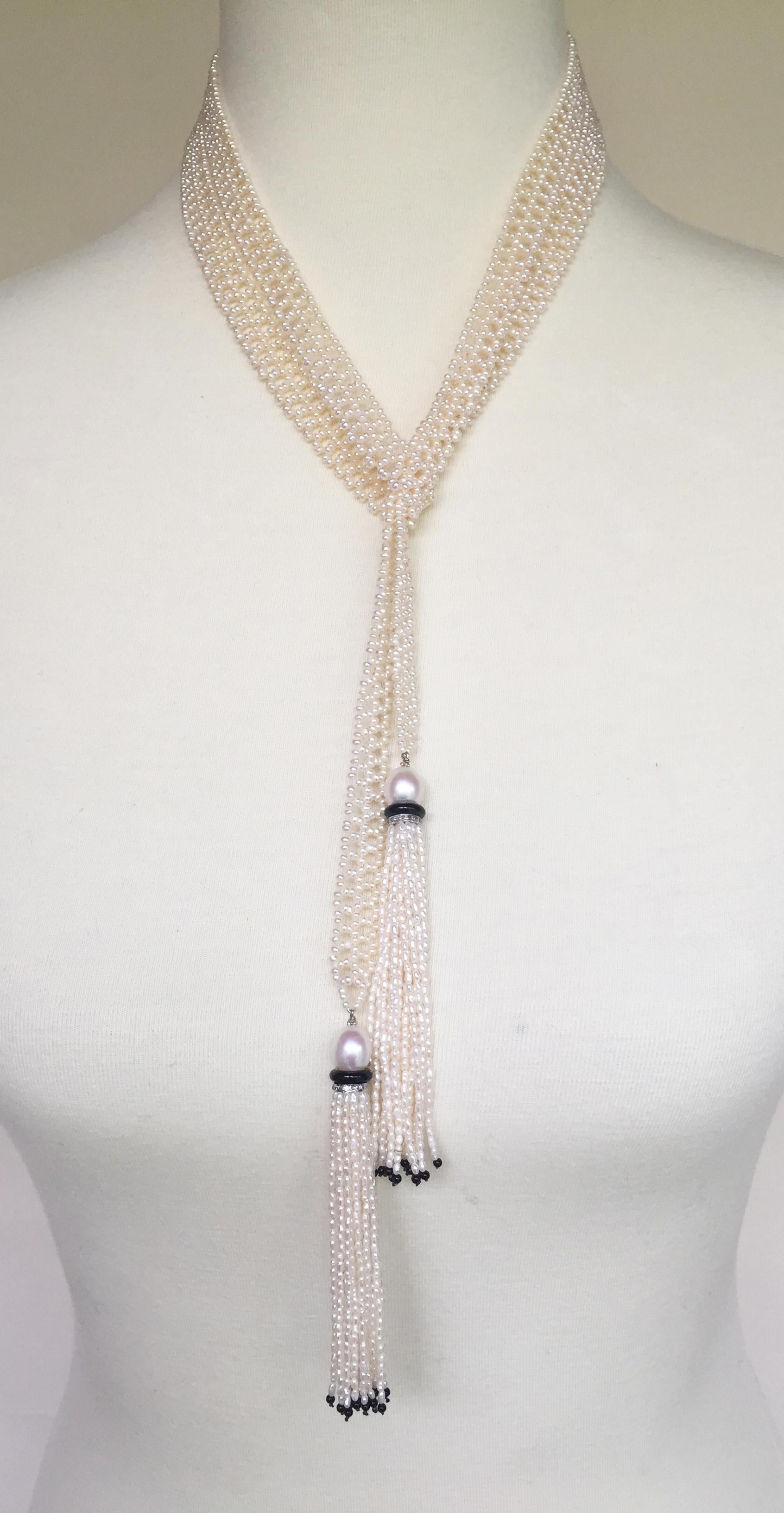 Women's Marina J. Woven Seed Pearl Sautoir Necklace with Pearl, Onyx and Diamond Tassels