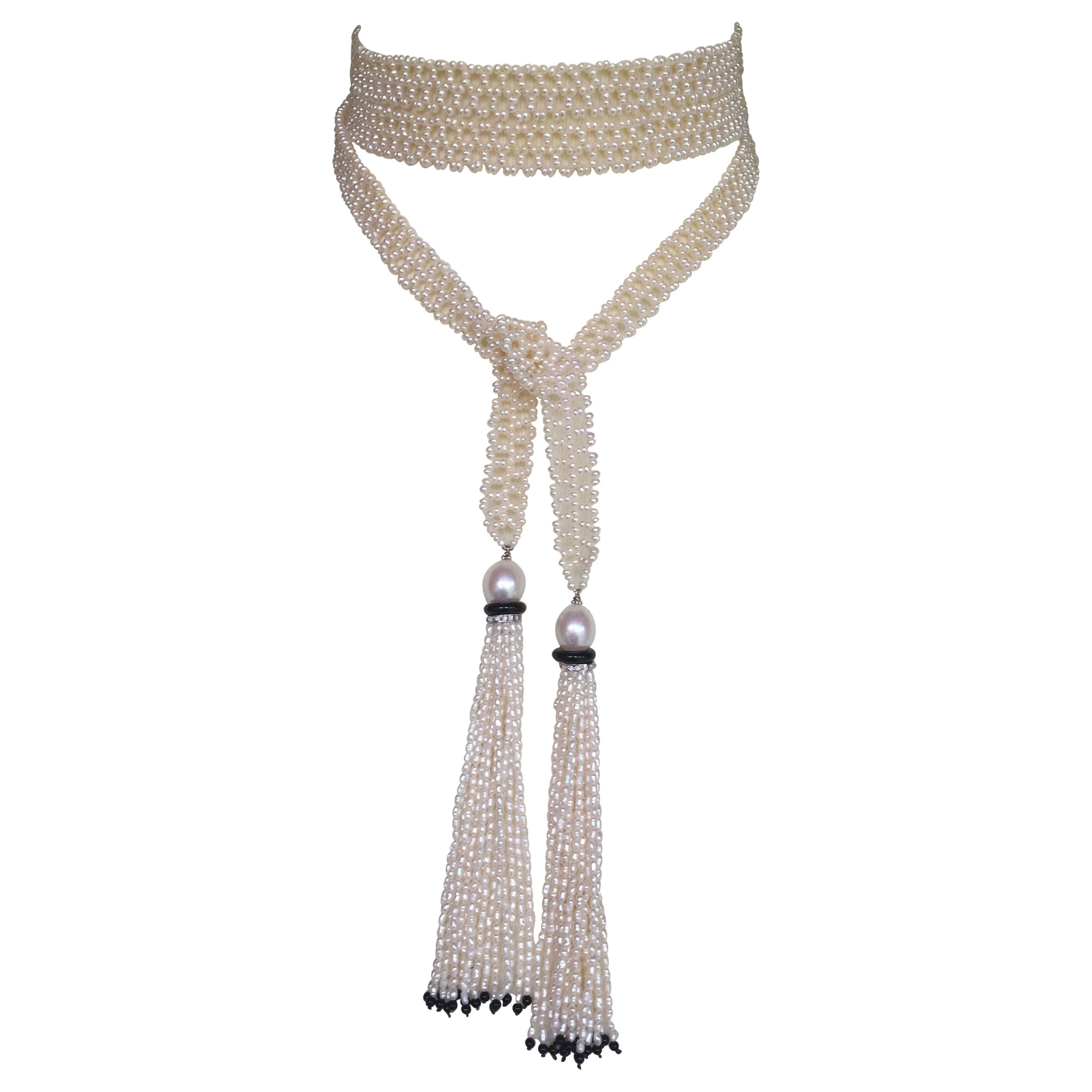 Marina J. Woven Seed Pearl Sautoir Necklace with Pearl, Onyx and Diamond Tassels