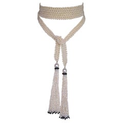 Marina J. Woven Seed Pearl Sautoir Necklace with Pearl, Onyx and Diamond Tassels