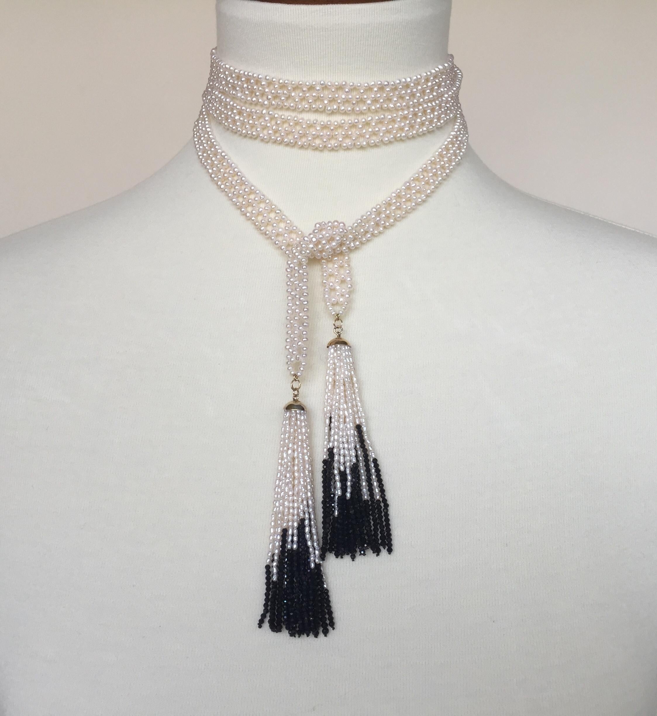 Woven White Pearl Sautoir with 14 Karat Gold, Pearl, and Black Spinel Tassels 5