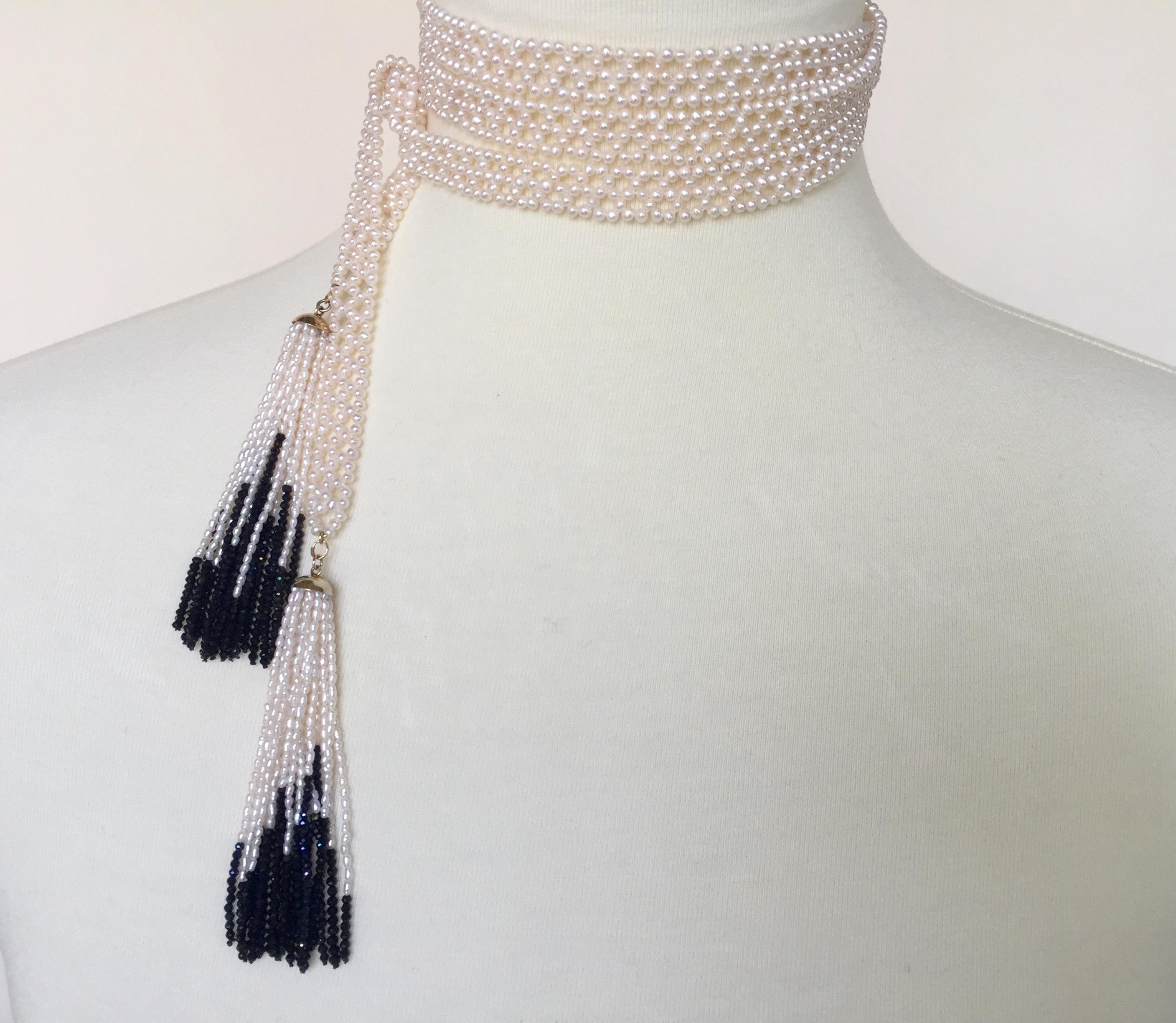 Woven White Pearl Sautoir with 14 Karat Gold, Pearl, and Black Spinel Tassels 6