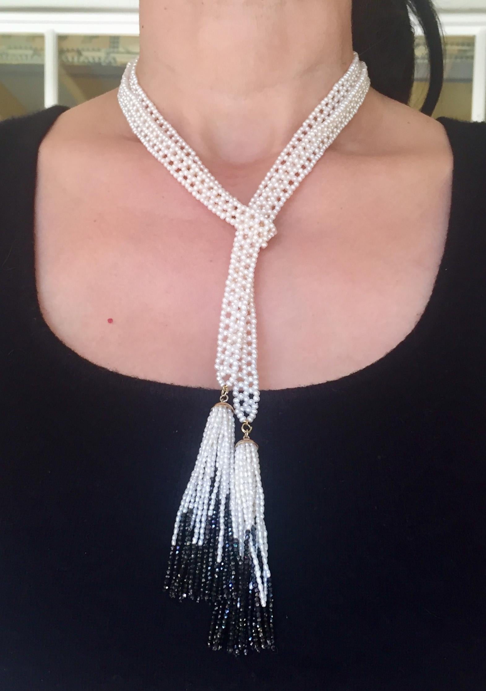 Woven White Pearl Sautoir with 14 Karat Gold, Pearl, and Black Spinel Tassels 7