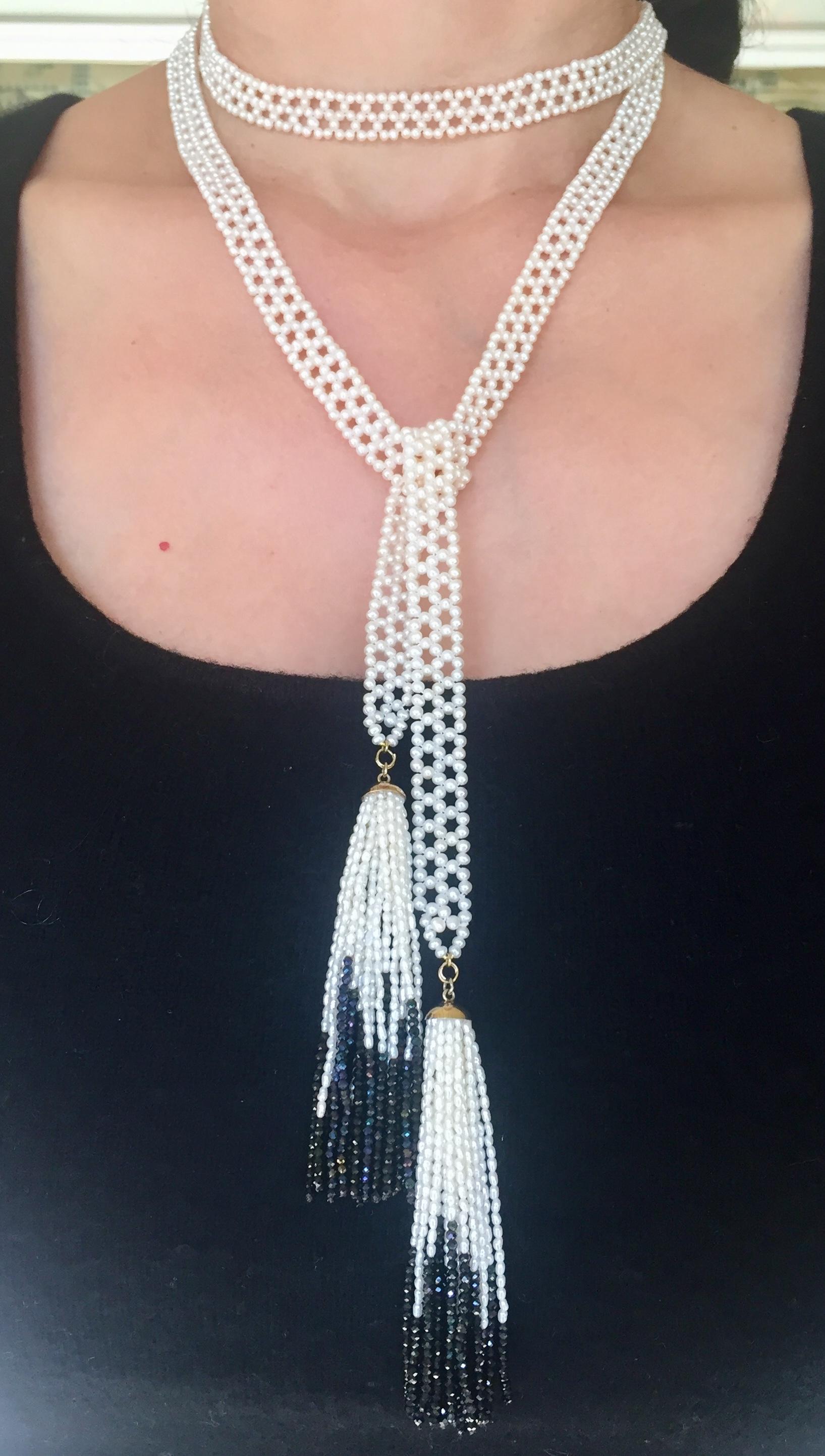 Woven White Pearl Sautoir with 14 Karat Gold, Pearl, and Black Spinel Tassels 8