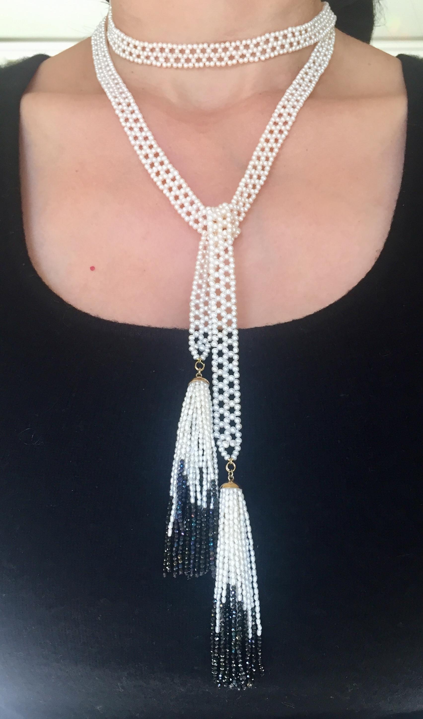 Woven White Pearl Sautoir with 14 Karat Gold, Pearl, and Black Spinel Tassels 9