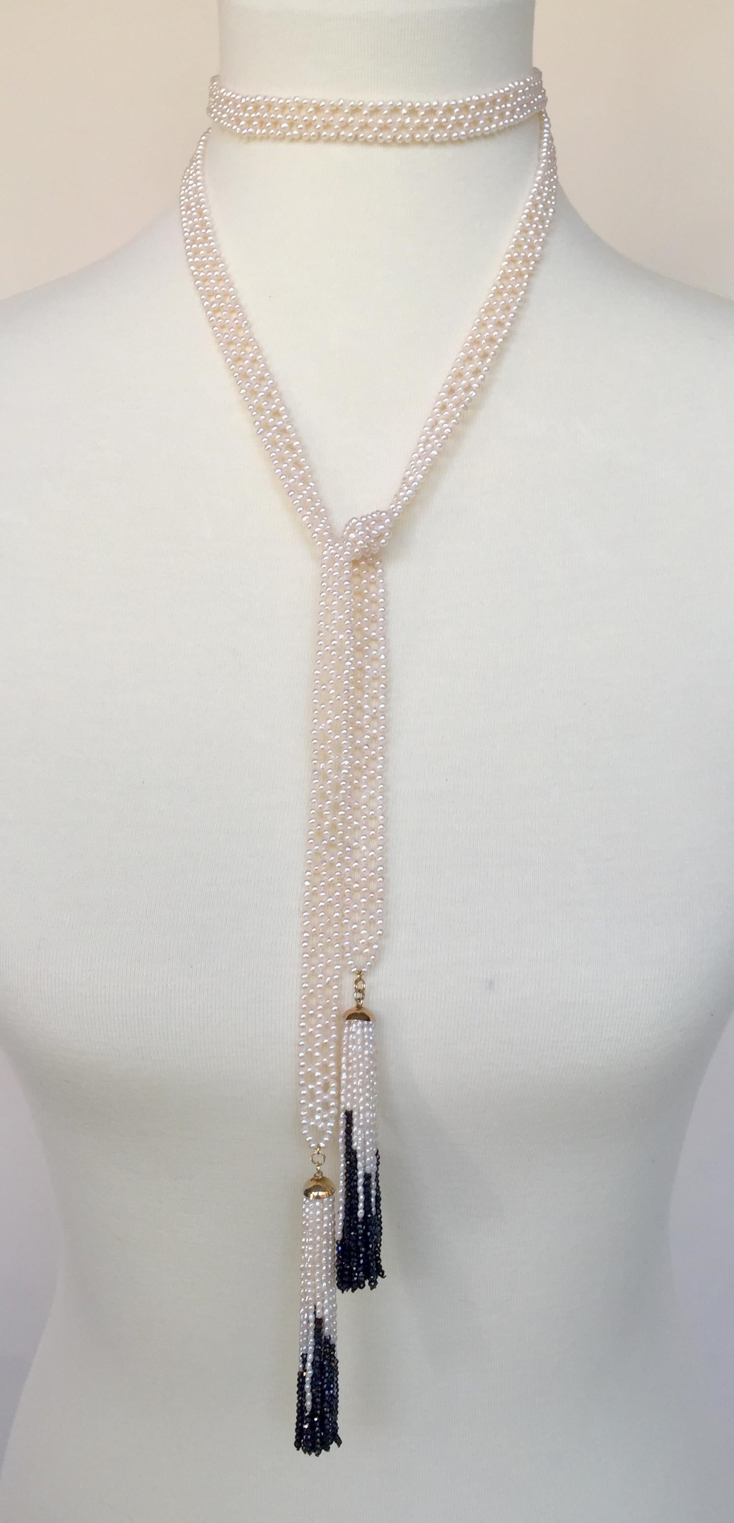 Artist Woven White Pearl Sautoir with 14 Karat Gold, Pearl, and Black Spinel Tassels