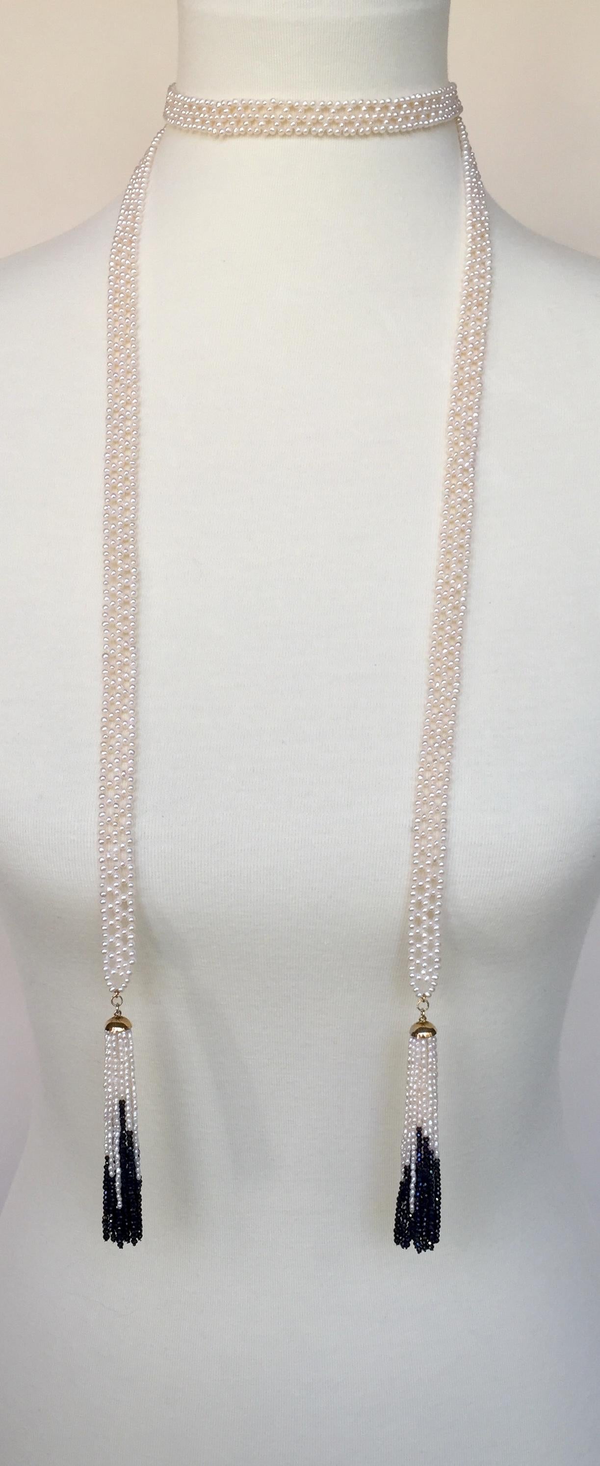 Woven White Pearl Sautoir with 14 Karat Gold, Pearl, and Black Spinel Tassels In New Condition In Los Angeles, CA
