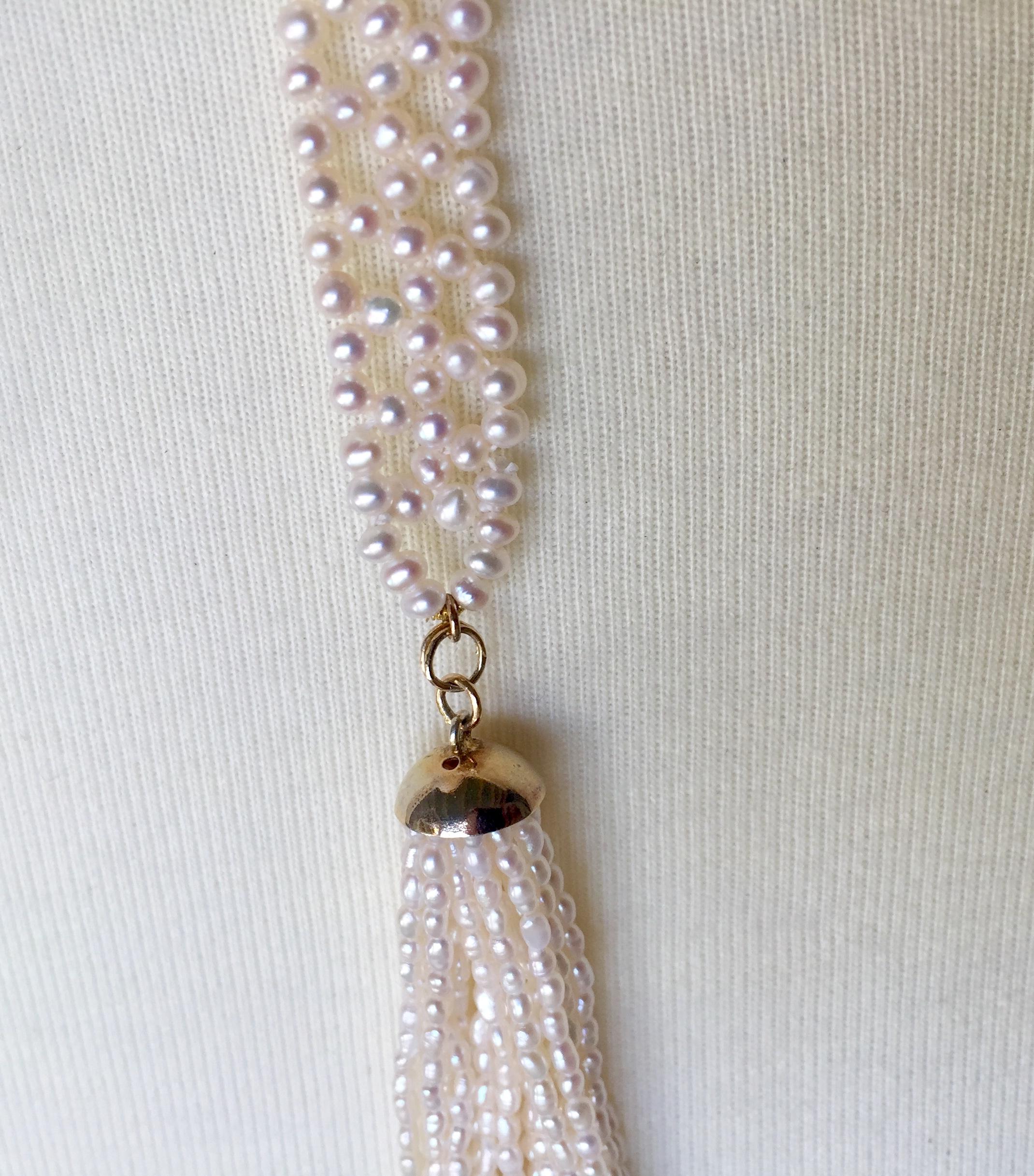 Women's Woven White Pearl Sautoir with 14 Karat Gold, Pearl, and Black Spinel Tassels