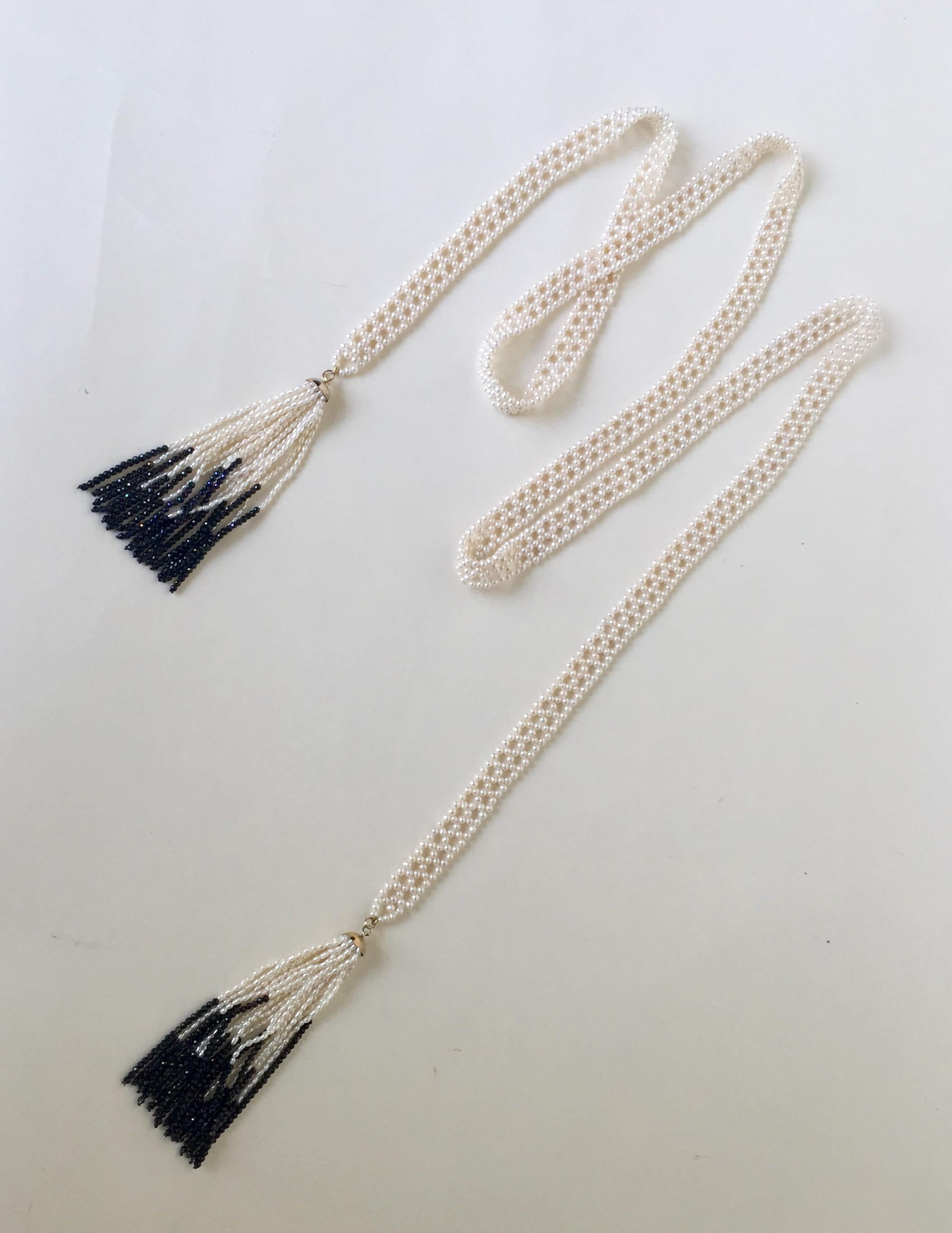 Woven White Pearl Sautoir with 14 Karat Gold, Pearl, and Black Spinel Tassels 2