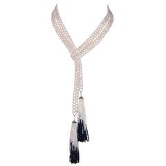Woven White Pearl Sautoir with 14 Karat Gold, Pearl, and Black Spinel Tassels