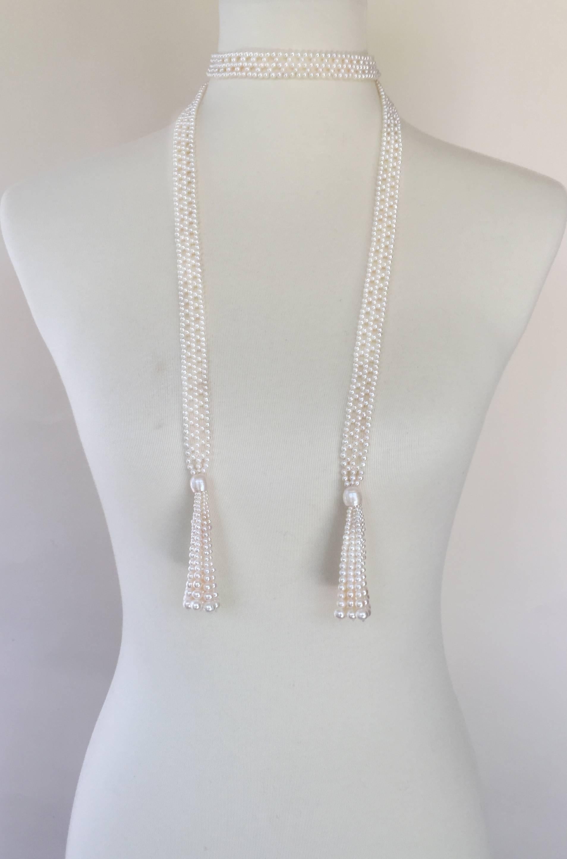 Women's Marina J Woven White Pearl Sautoir with Graduated White Pearl Tassels 