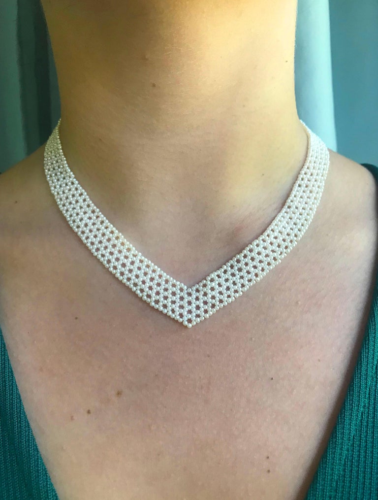 Marina J. Woven Pearl "V" Shaped Necklace with English Antique Paste
