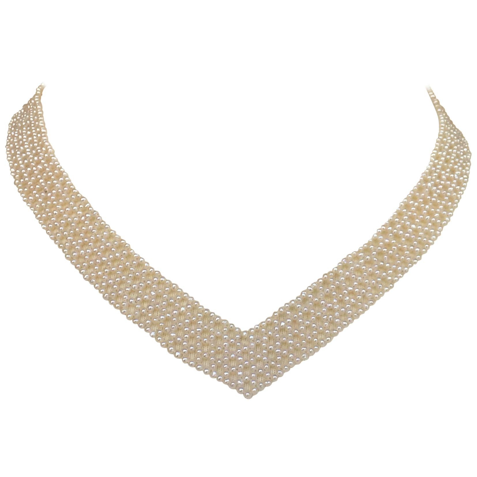 Marina J. Woven Pearl "V" Shaped Necklace with English Antique Paste
