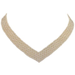 Marina J. Woven Pearl "V" Shaped Necklace with English Antique Paste Clasp