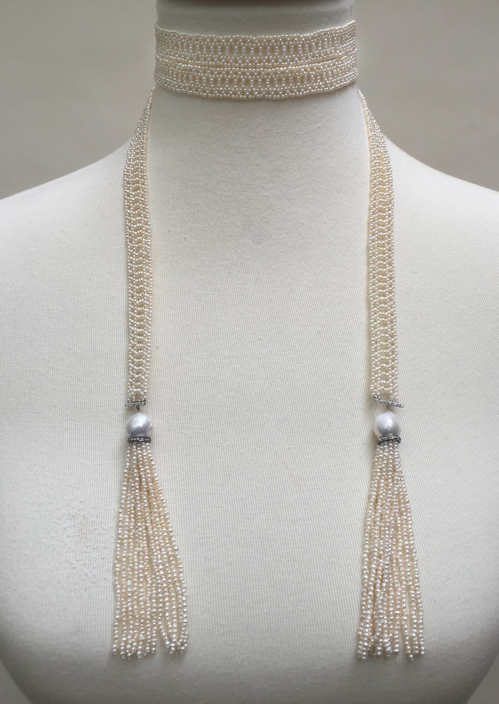 Marina J Woven Seed Pearl Sautoir with Pearl Tassels, Diamonds, and 14 K Gold 5