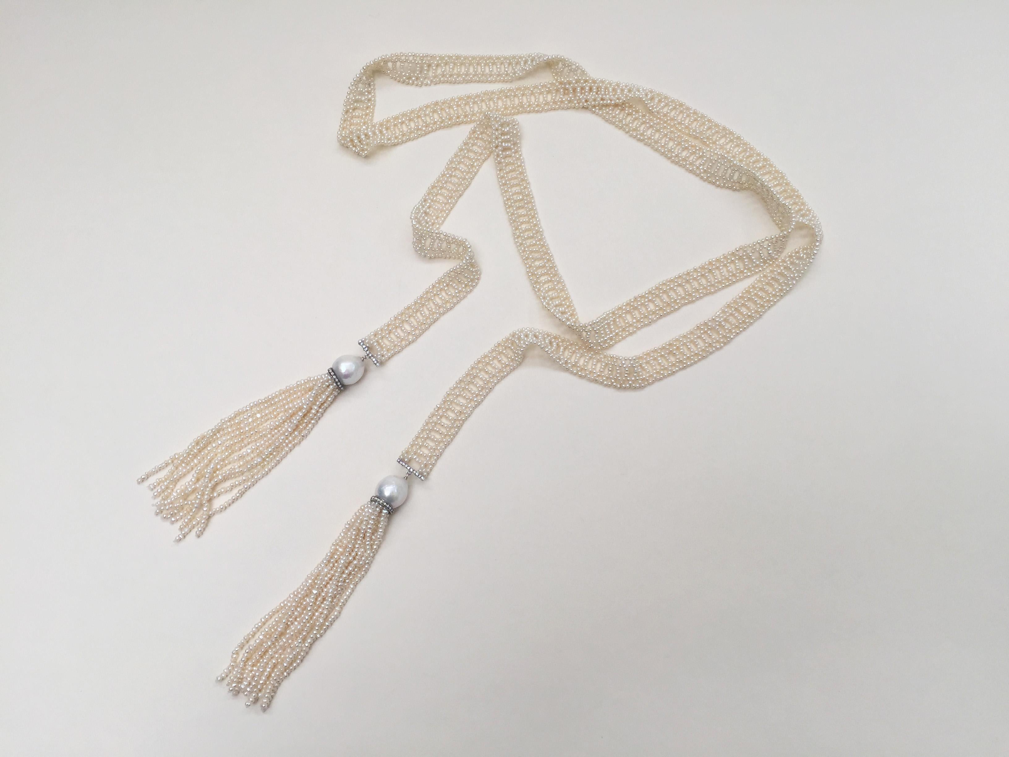 Marina J Woven Seed Pearl Sautoir with Pearl Tassels, Diamonds, and 14 K Gold 6