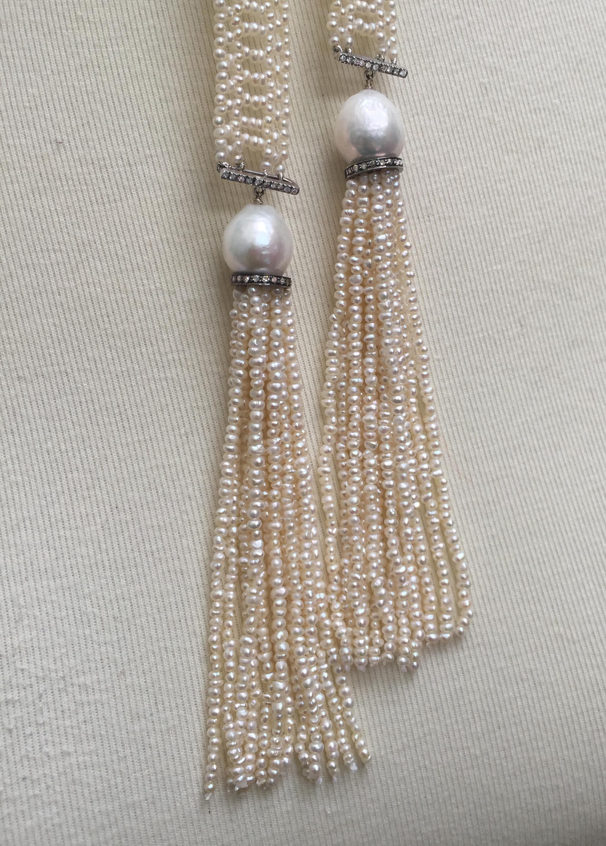 Marina J Woven Seed Pearl Sautoir with Pearl Tassels, Diamonds, and 14 K Gold 1