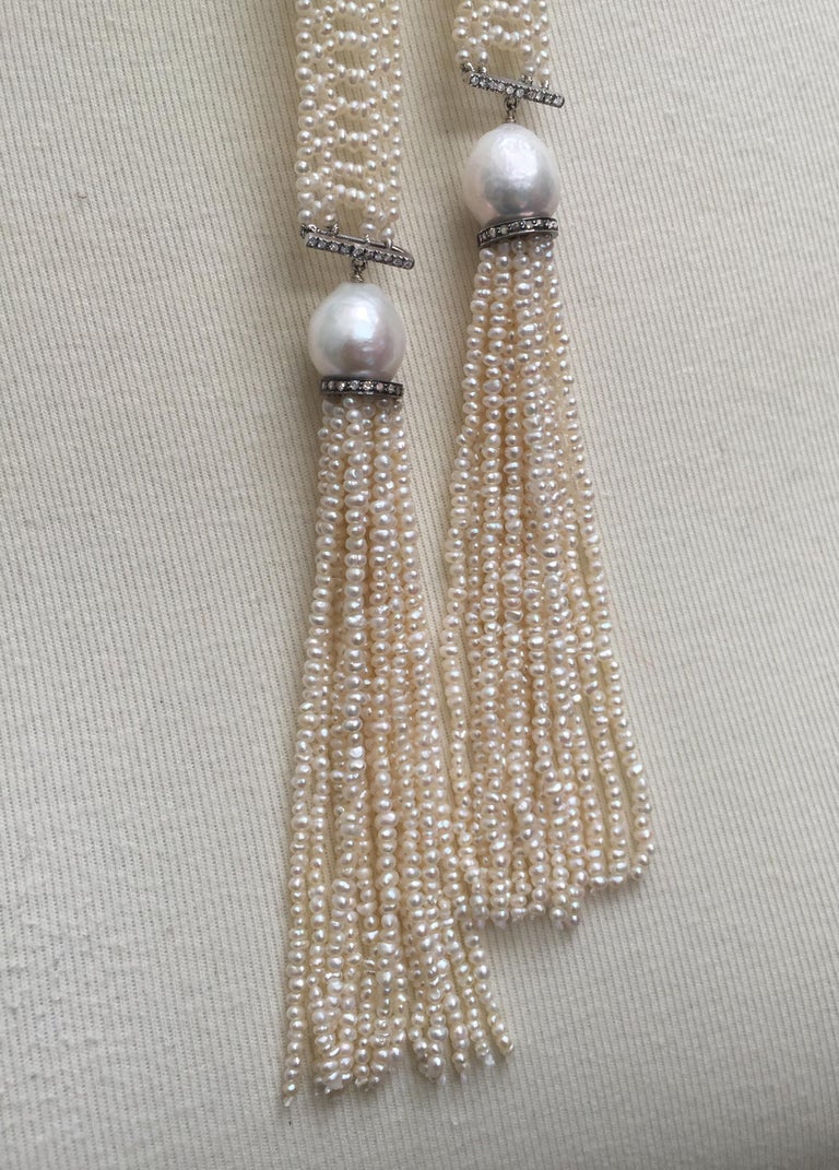 Marina J Woven Seed Pearl Sautoir with Pearl Tassels, Diamonds, and 14 ...