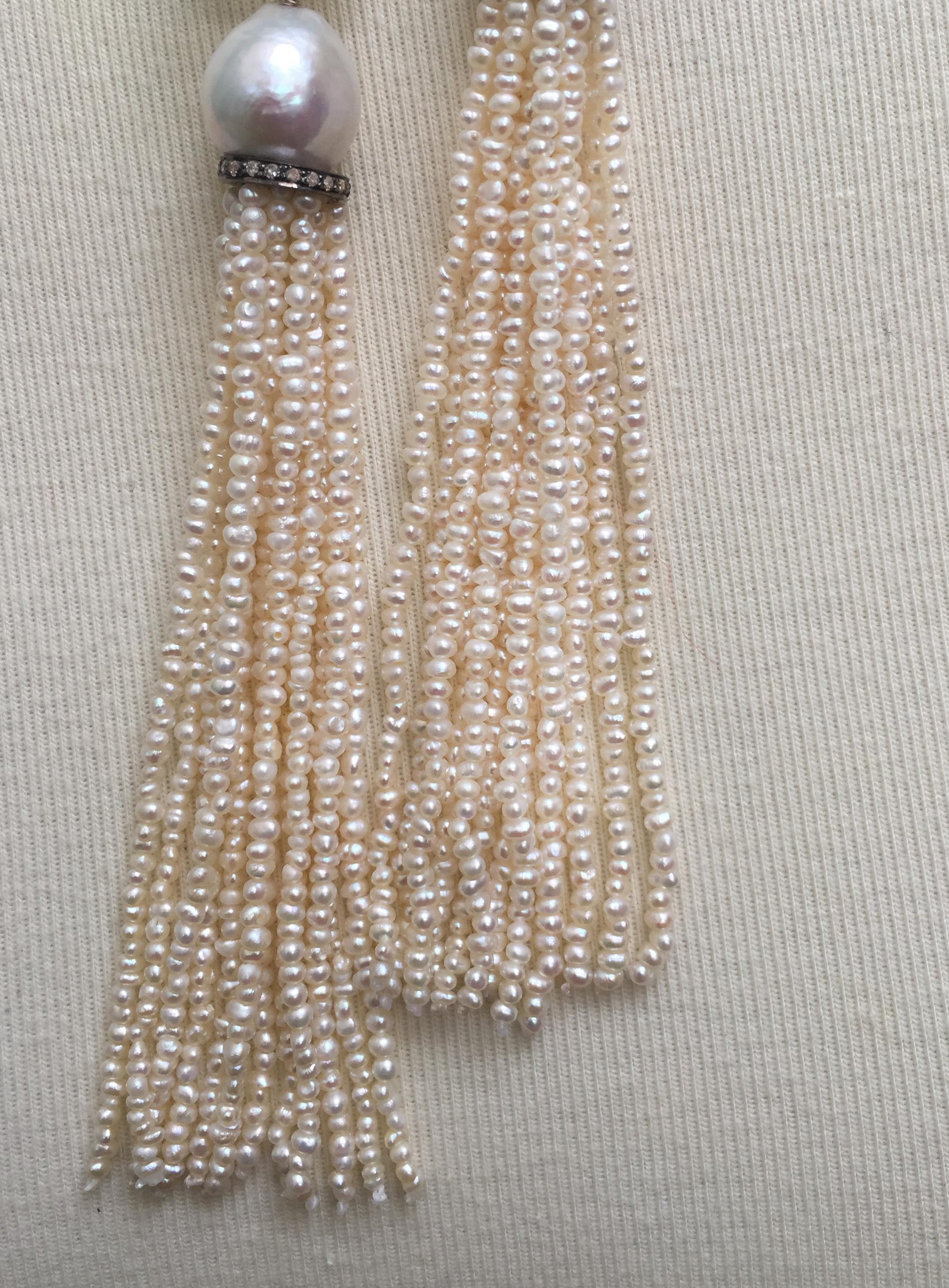 Marina J Woven Seed Pearl Sautoir with Pearl Tassels, Diamonds, and 14 K Gold 3