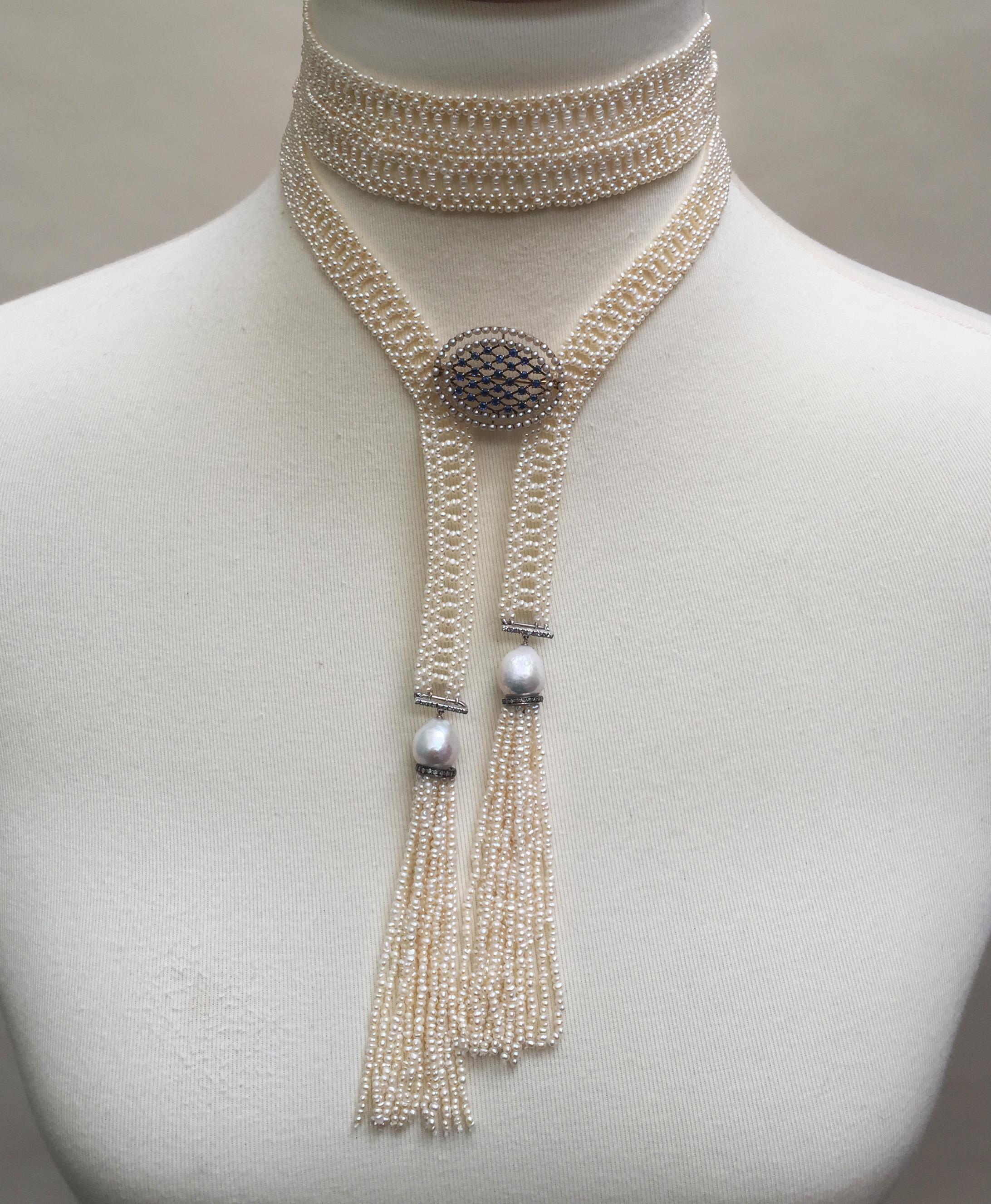 Marina J Woven Seed Pearl Sautoir with Pearl Tassels, Diamonds, and 14 K Gold 4