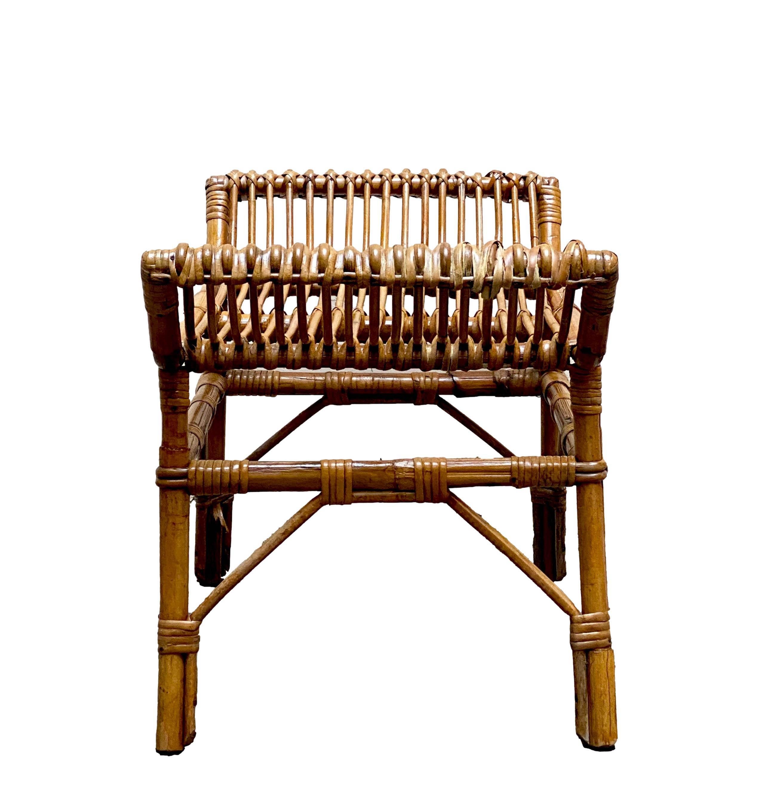 Mid-Century Modern Woven Wicker and Bamboo Stool/Bench, France, 1960s