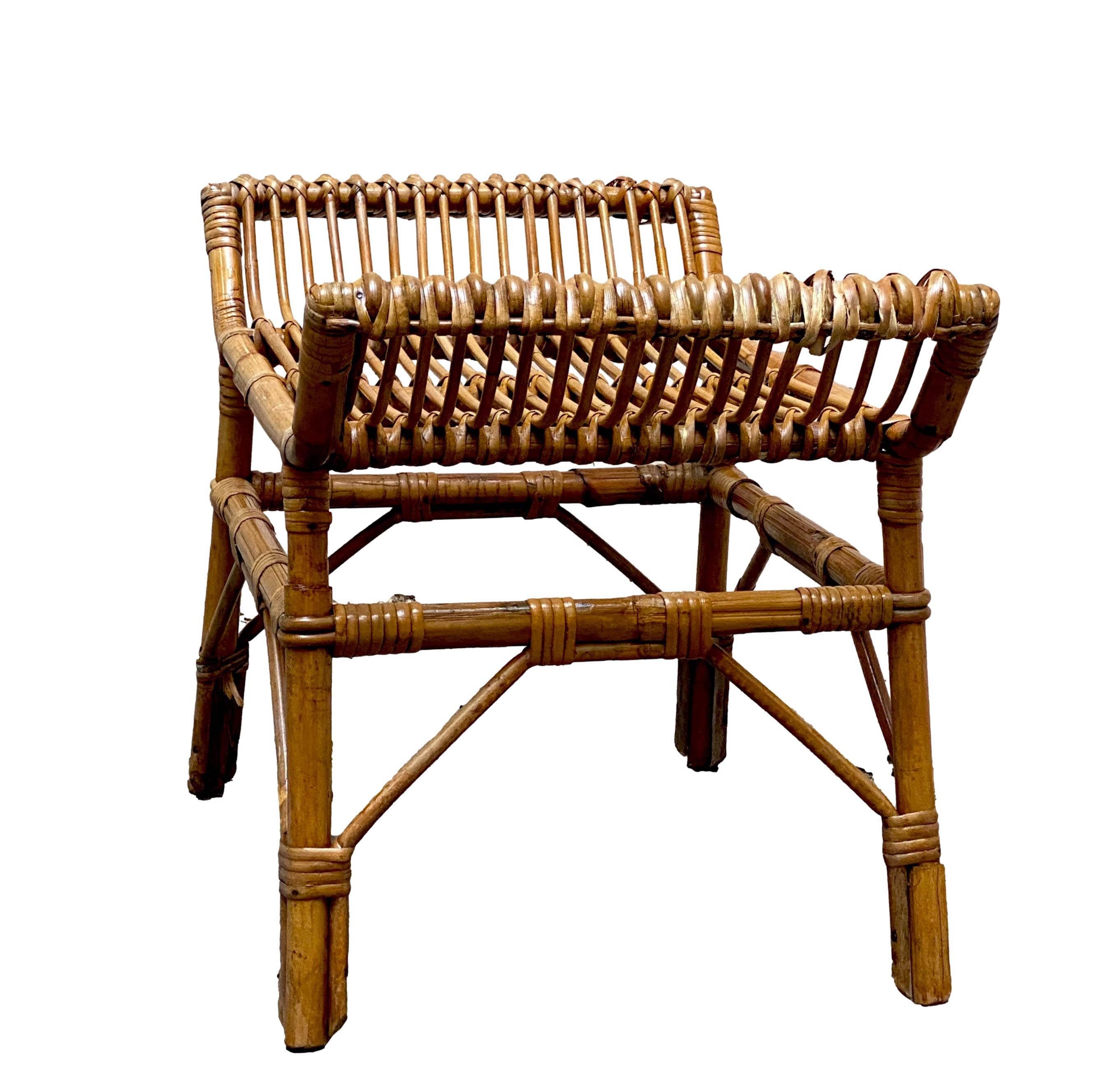 French Woven Wicker and Bamboo Stool/Bench, France, 1960s