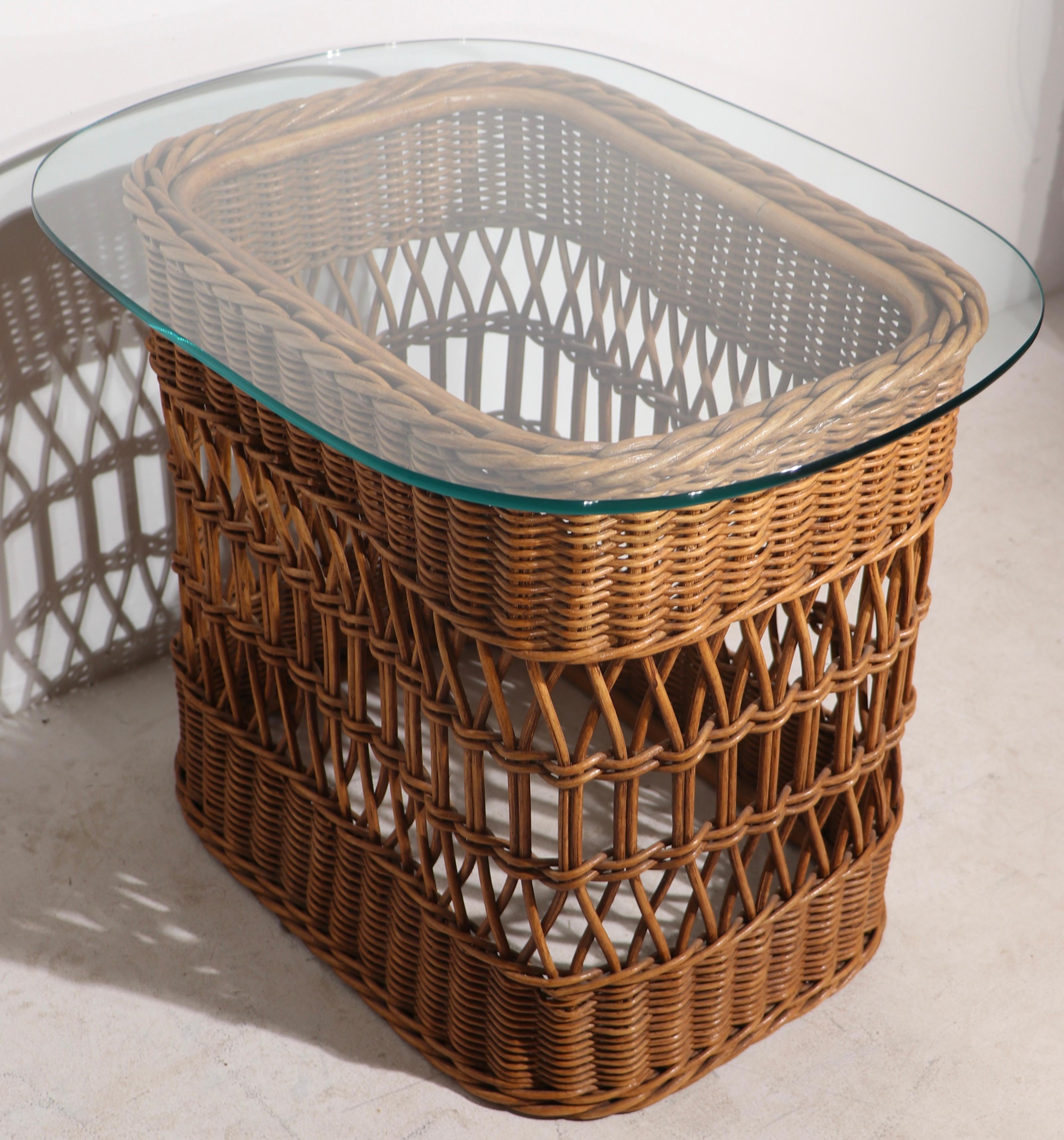 American Woven Wicker and Plate Glass Side, End Table ca. 1970's For Sale