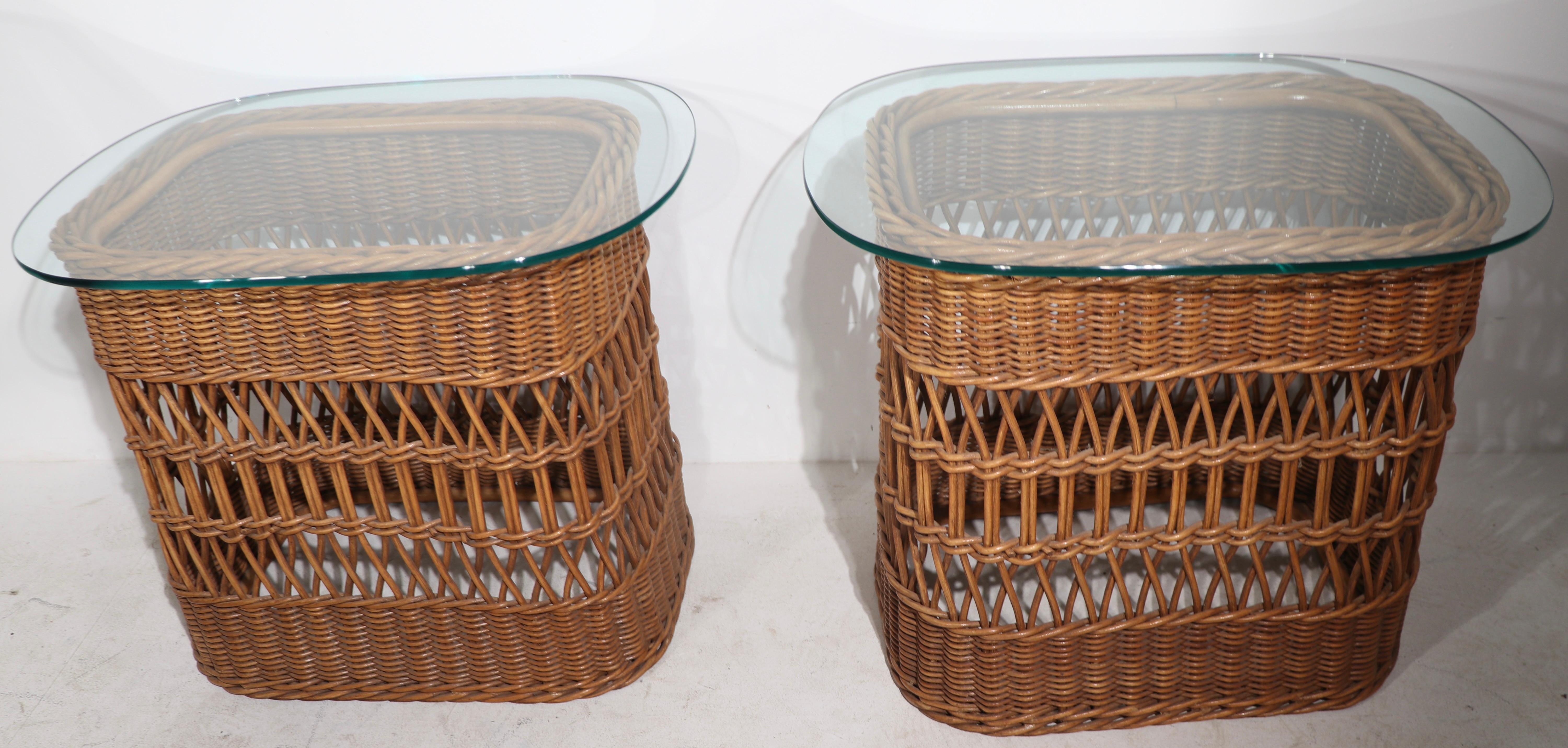 20th Century Woven Wicker and Plate Glass Side, End Table ca. 1970's For Sale