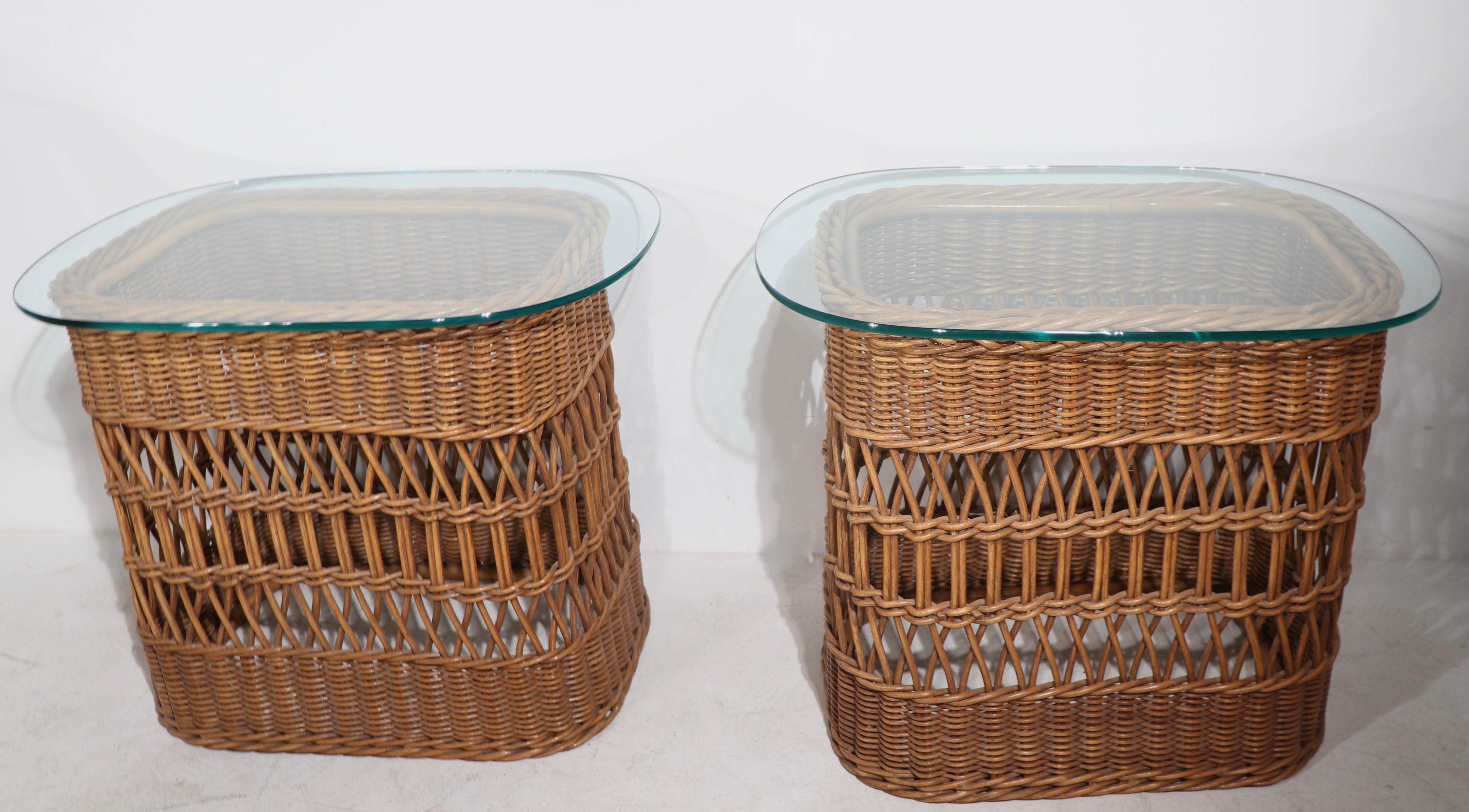 Woven Wicker and Plate Glass Side, End Table ca. 1970's For Sale 1