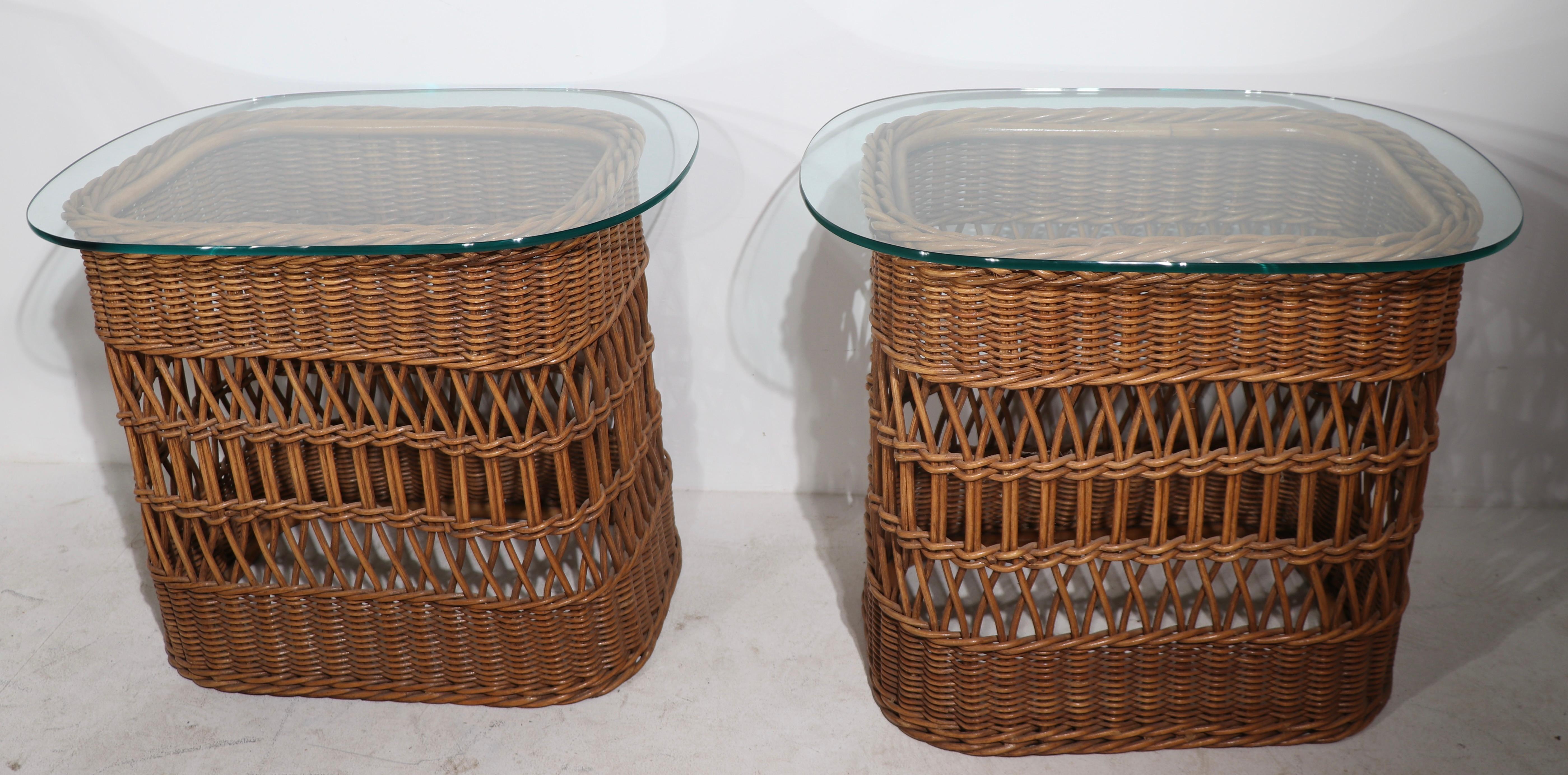 Woven Wicker and Plate Glass Side, End Table ca. 1970's For Sale 2