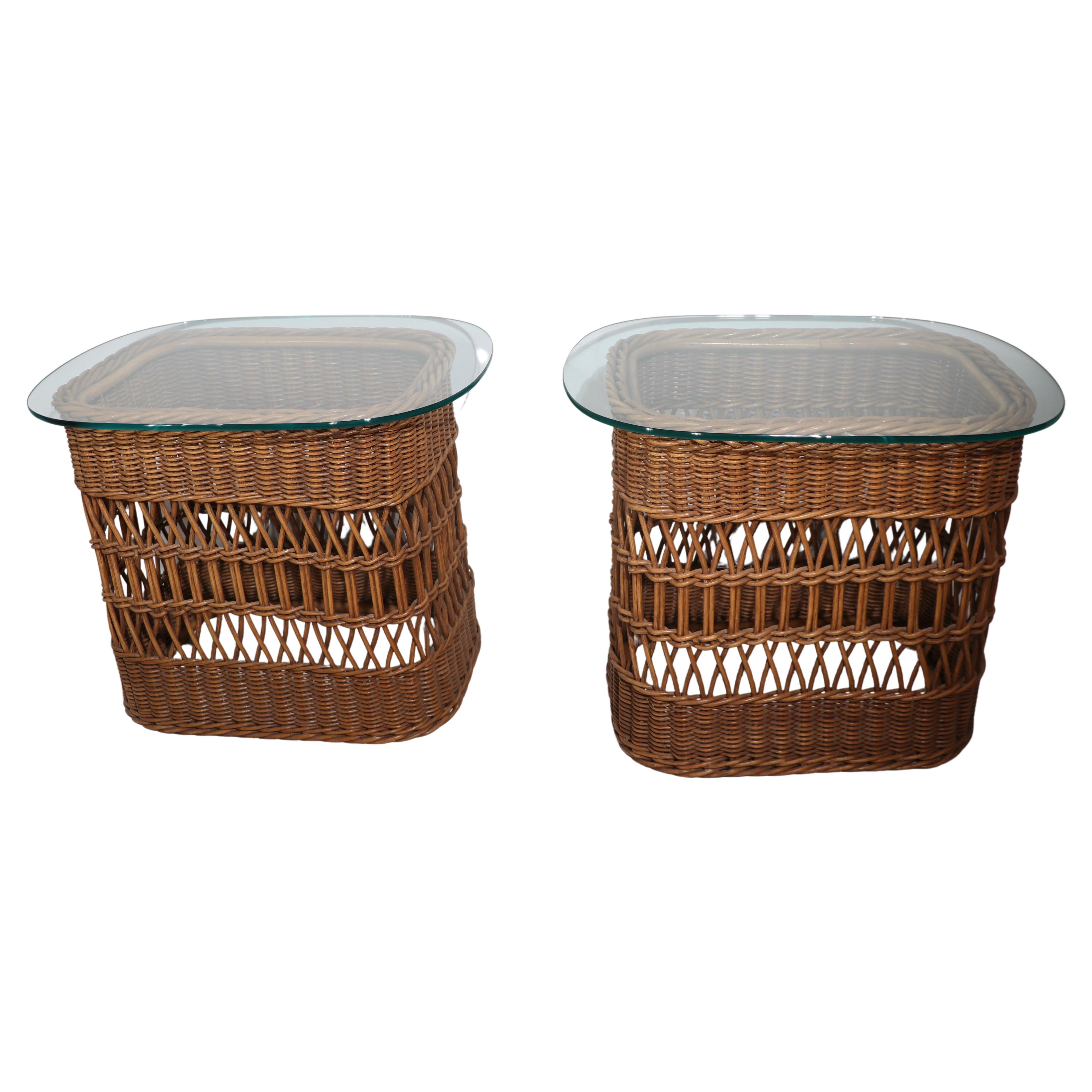 Woven Wicker and Plate Glass Side, End Table ca. 1970's