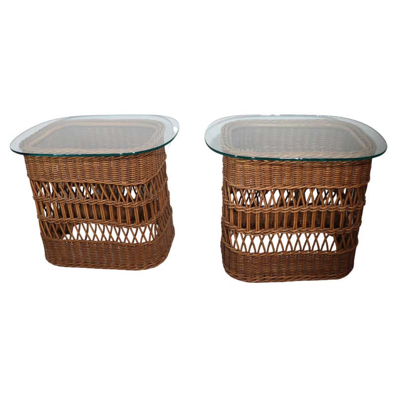 Organic Modern Woven Wicker Rattan Side or End Table with Rectangular ...