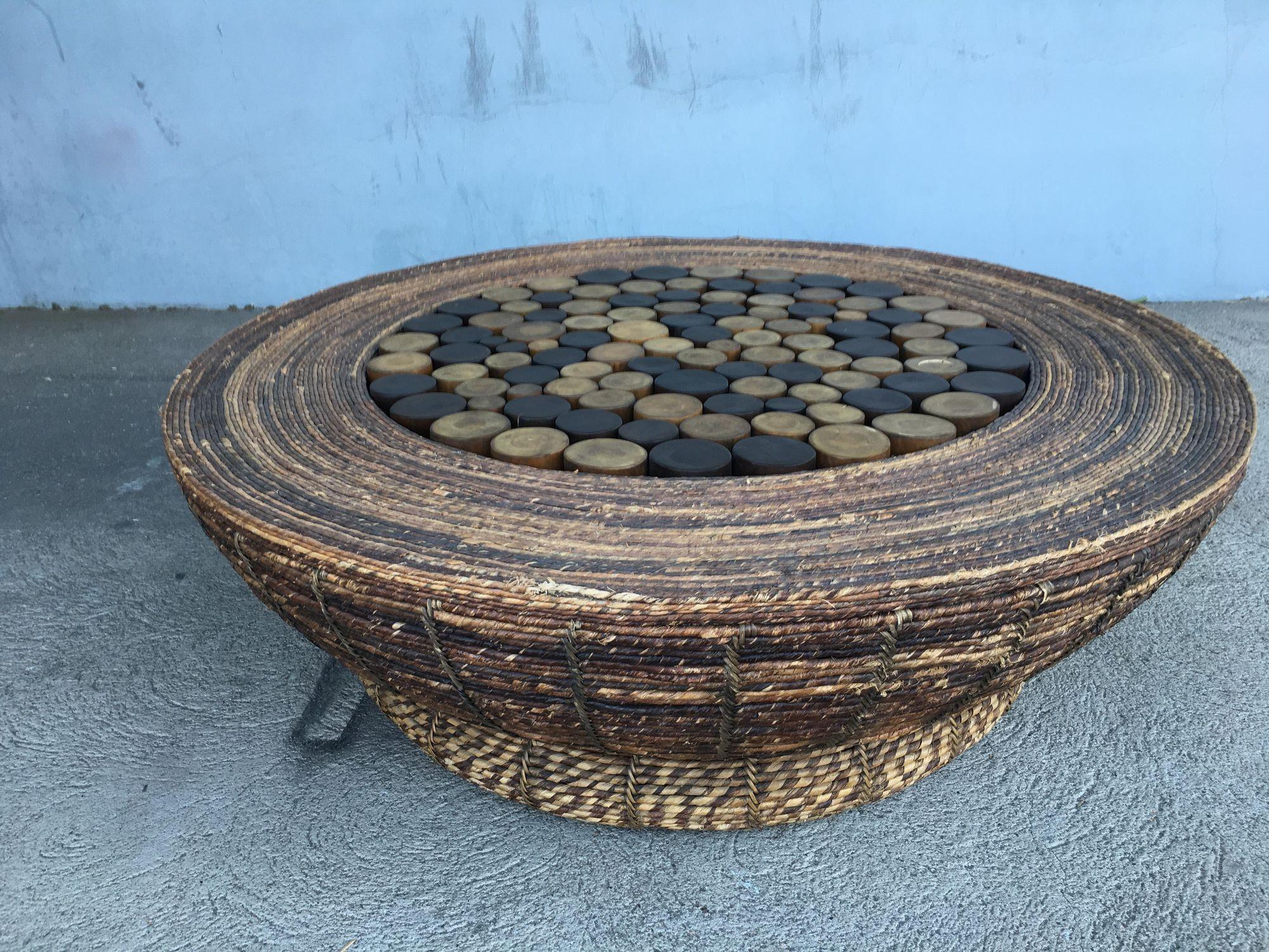 Late 20th Century Woven Wicker Cocktail Table with Tropical Pole Center For Sale